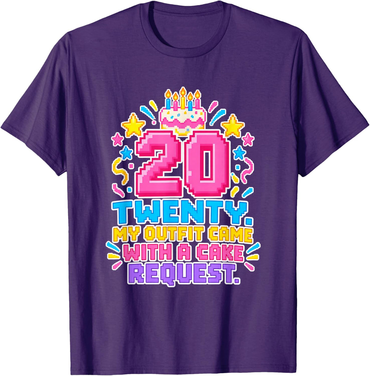 Pixel Art 20th Birthday Cake Design T-Shirt - Purple