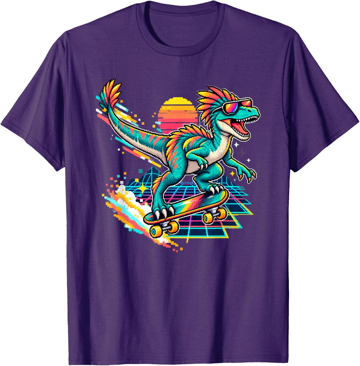 Retro Dinosaur on a Skateboard T-Shirt - Purple