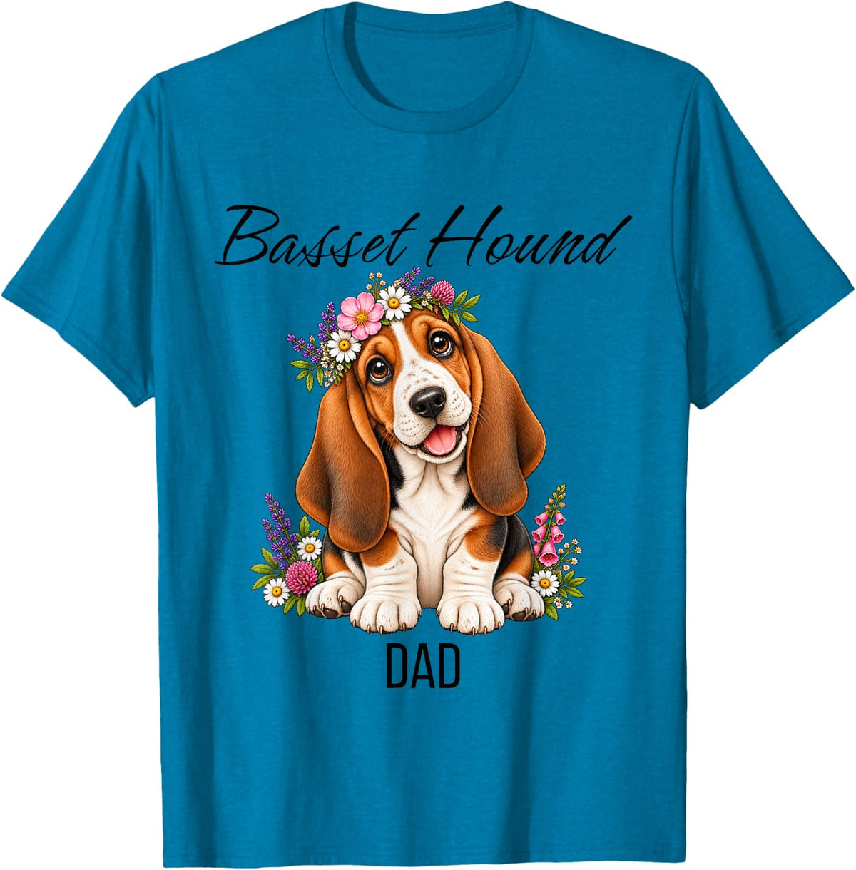 Basset Hound Dad Cute Floral Puppy Crown Flowers Dog T-Shirt - Sapphire Blue