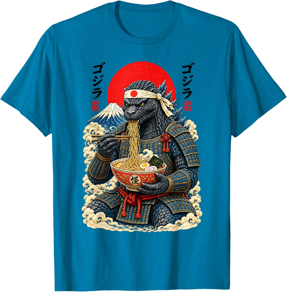 Monster Eating Ramen Funny Japanese Warrior Design T-Shirt - Sapphire Blue