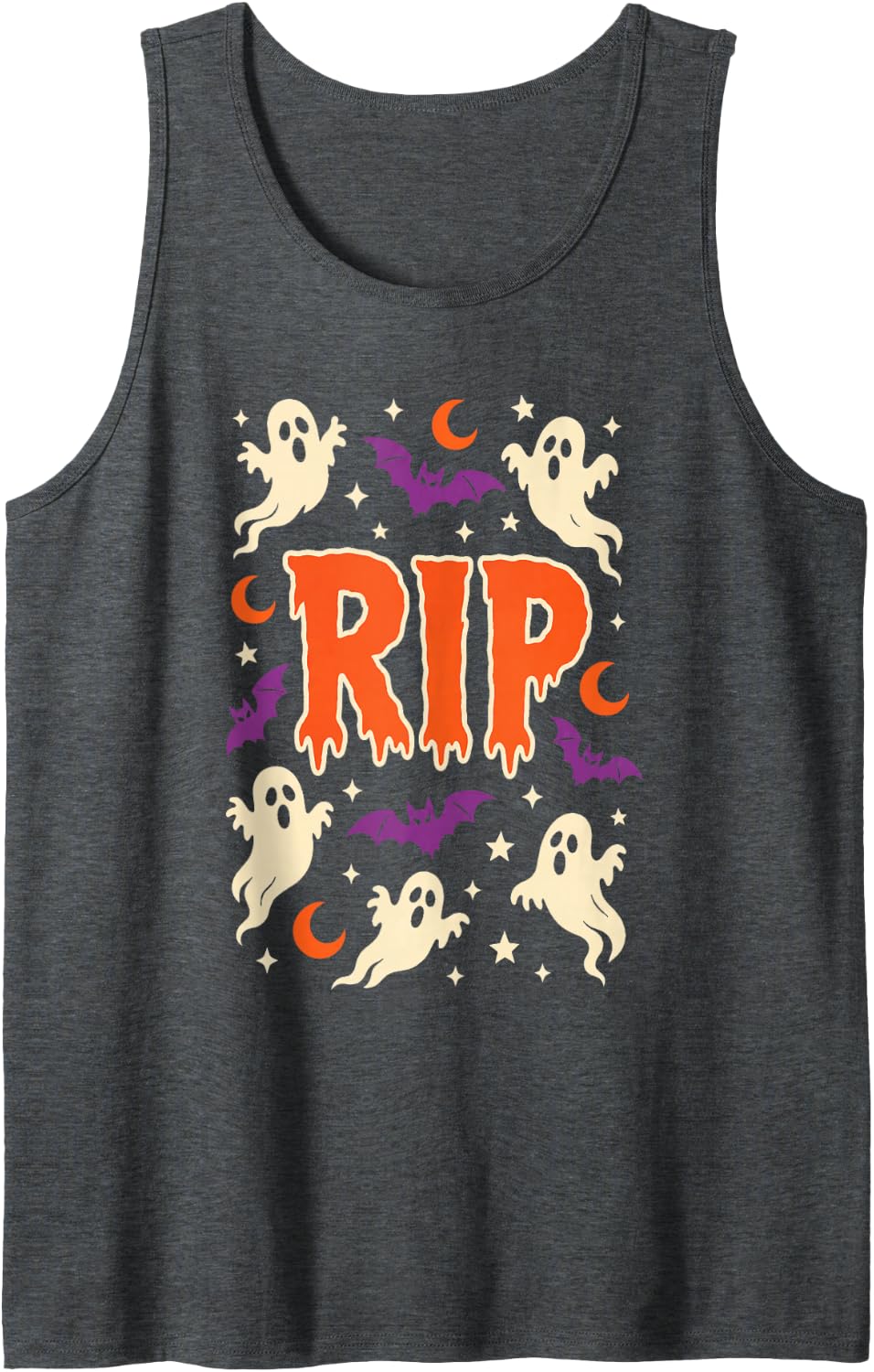 Halloween RIP Ghost Bats Moon Stars Spooky Repeat Pattern Tank Top - Dark Heather Grey