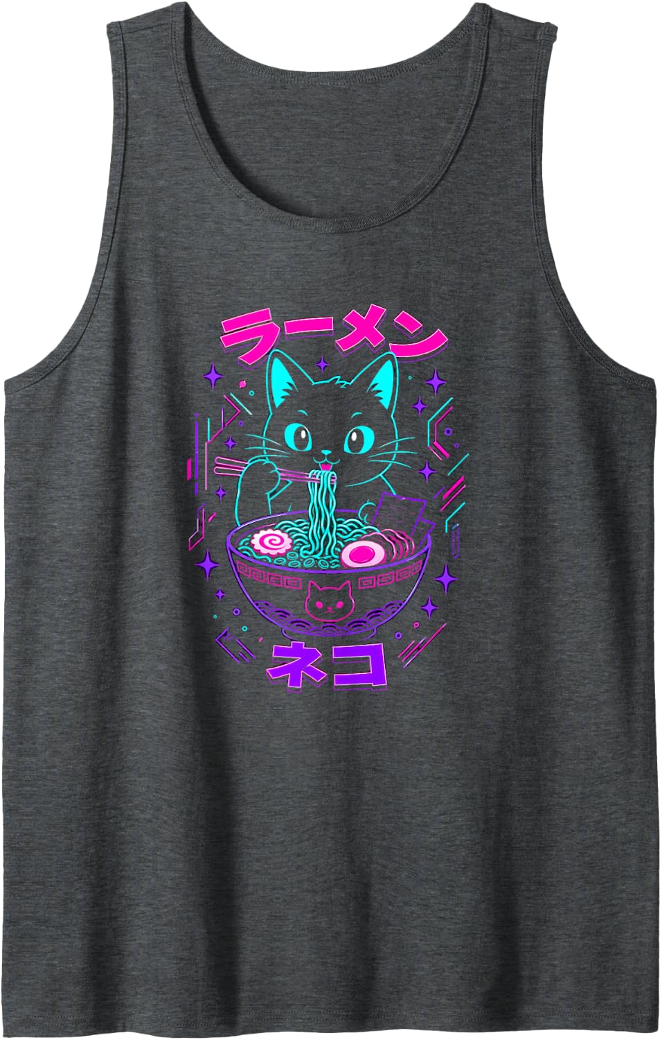 Ramen Cat Kawaii Anime Japanese Noodles Pink Turquoise Sleeveless Tank Top - Dark Heather Grey