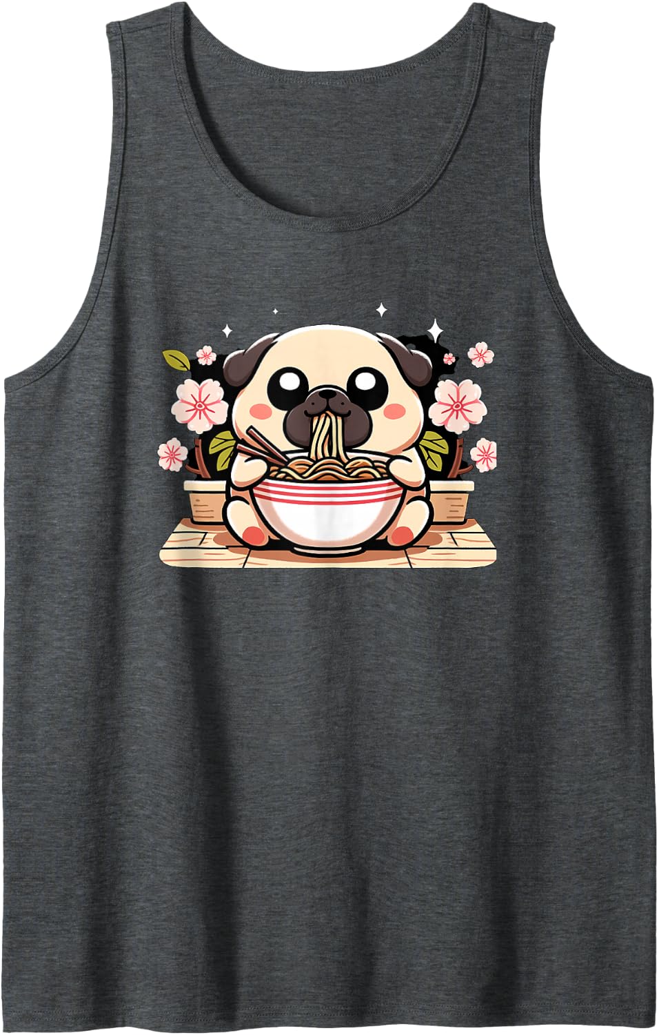 Kawaii Chug Dog Eating Ramen Sleeveless Tank Top - Dark Heather Grey