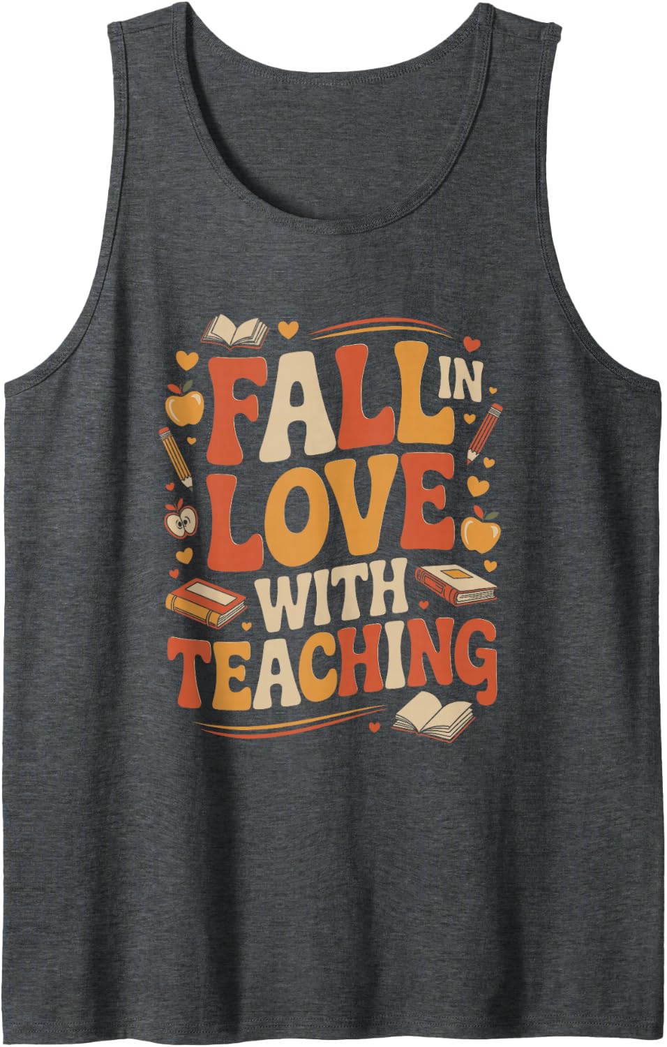 Fall in Love with Teaching Retro Teacher Tank Top - Dark Heather Grey