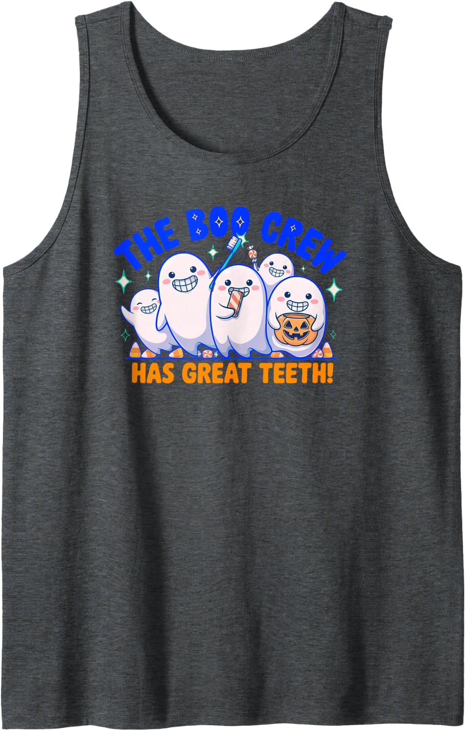The Boo Crew Has Great Teeth Funny Halloween Dental Sleeveless Tank Top - Dark Heather Grey