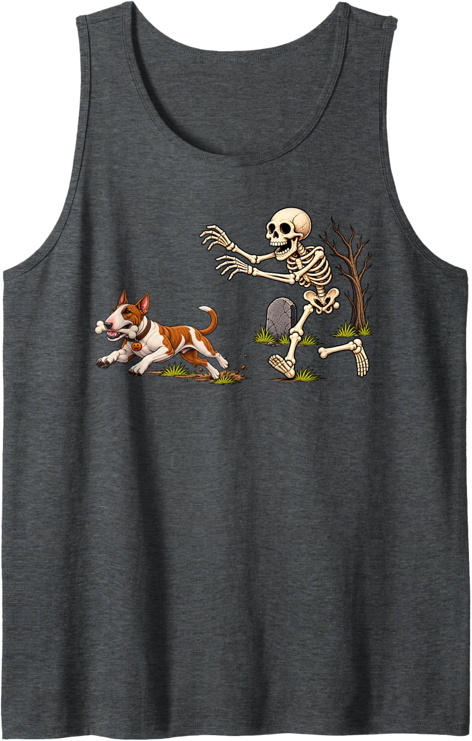 Funny Bull Terrier Dog Stealing Bone from Skeleton Halloween Sleeveless Tank Top - Dark Heather Grey