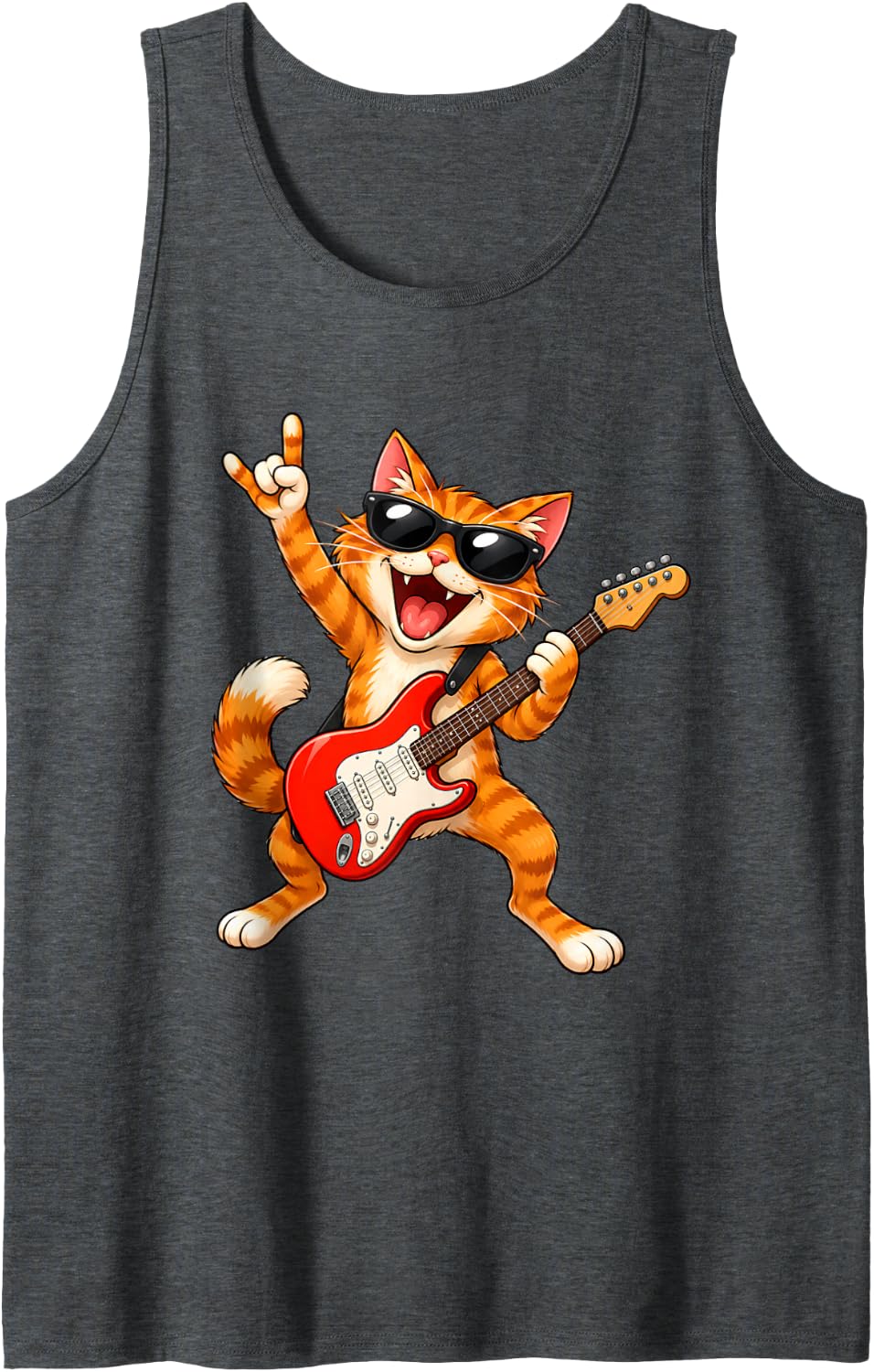 Rock Music Cat with Guitar and Sunglasses Sleeveless Tank Top - Dark Heather Grey