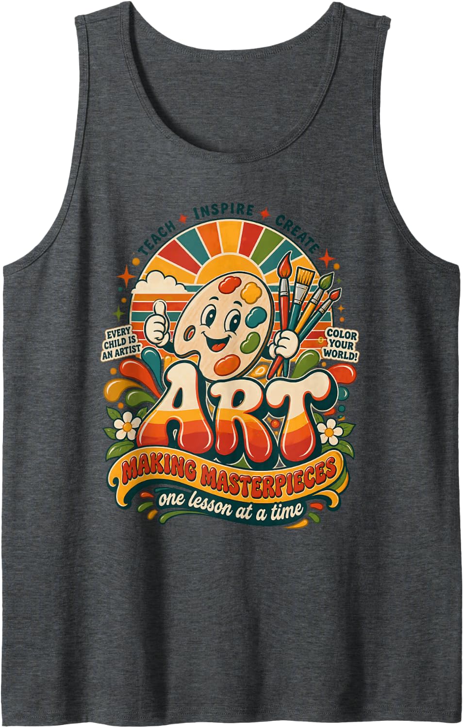 Retro Art Teacher Elementary Cute Teach Inspire Create Paint Tank Top - Dark Heather Grey