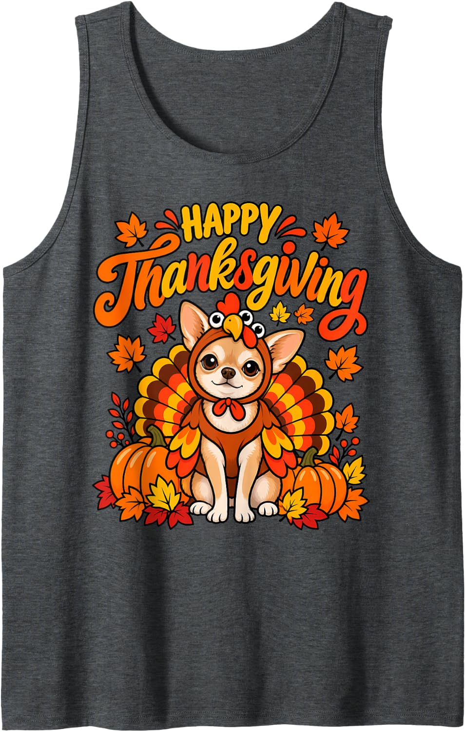 Happy Thanksgiving Chihuahua Dog Turkey Day Fall Women Men Sleeveless Tank Top - Dark Heather Grey