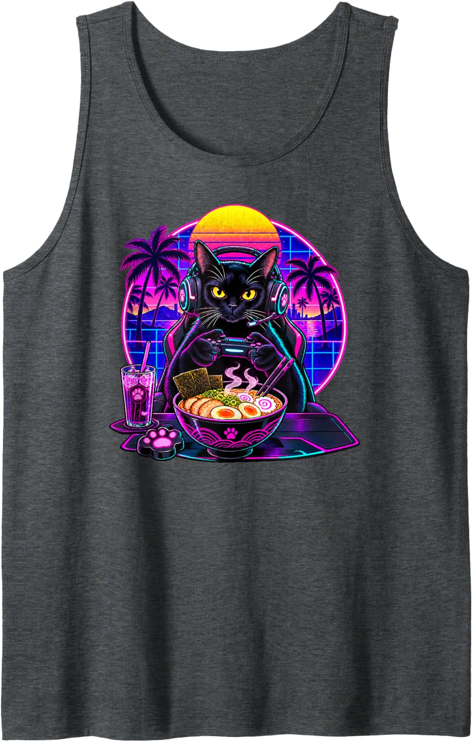 Black Colored Cat Gamer Ramen Retro Sunset Gaming Sleeveless Tank Top - Dark Heather Grey