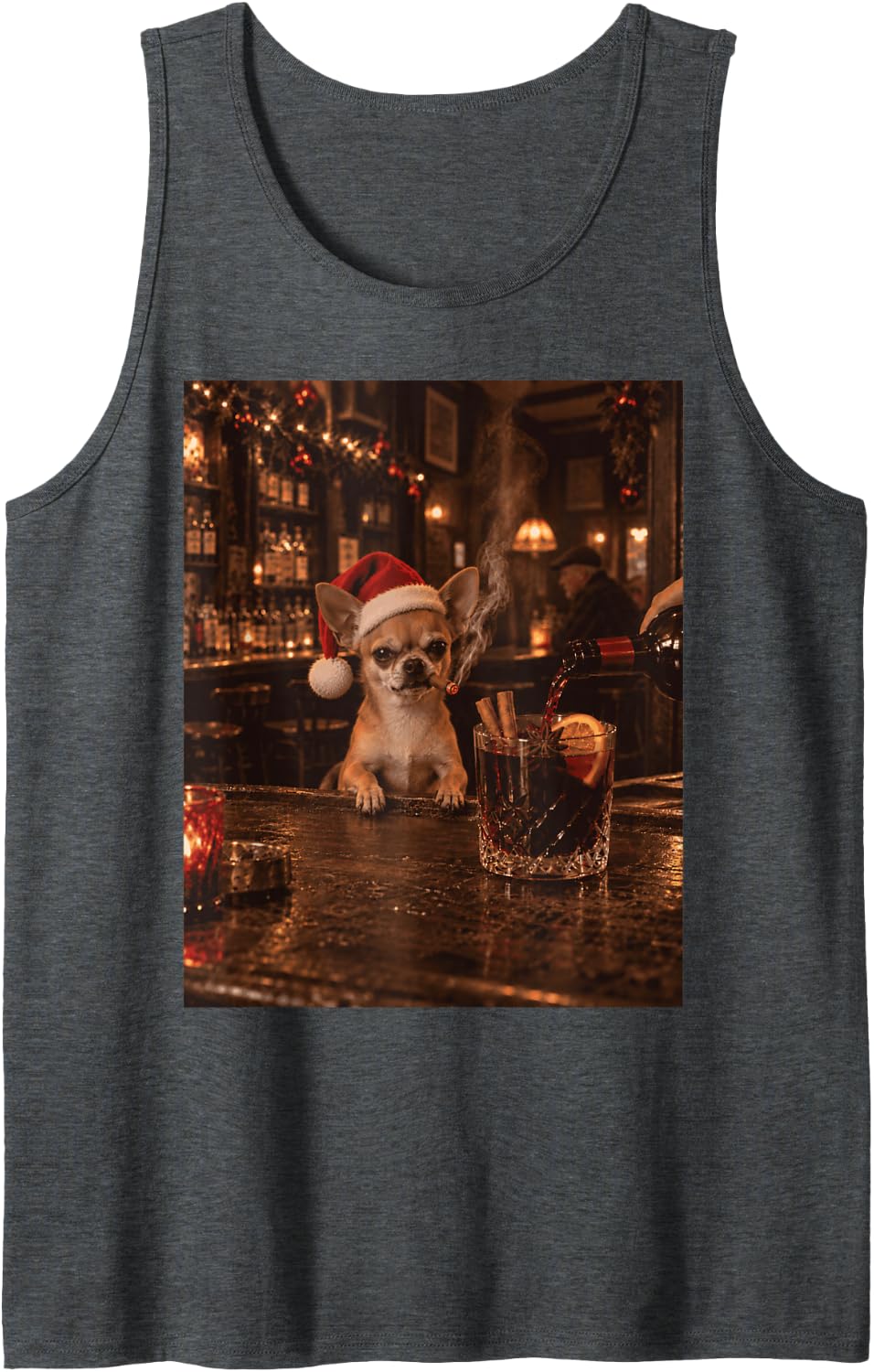 Chihuahua Drinking Mulled Wine Christmas Dog Meme Sleeveless Tank Top - Dark Heather Grey