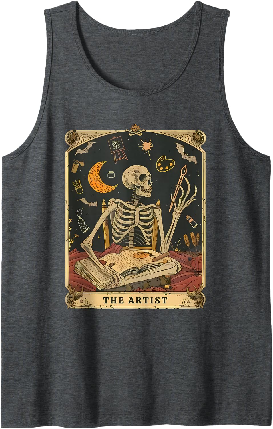 Funny Skeleton The Artist Tarot Card, Halloween Art Teacher Sleeveless Tank Top - Dark Heather Grey