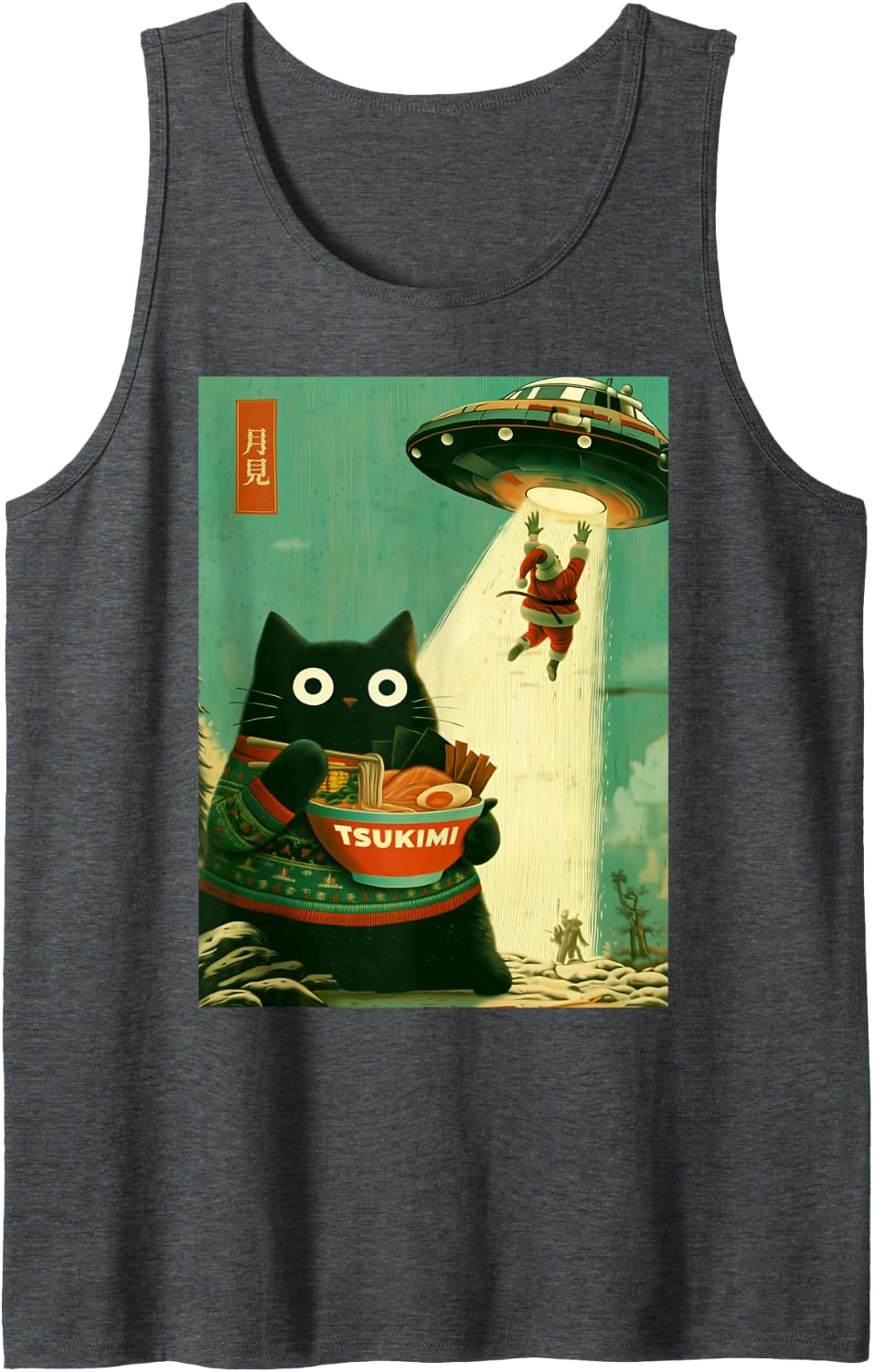 Funny Japanese Cat Eating Ramen Santa UFO Christmas Xmas Sleeveless Tank Top - Dark Heather Grey