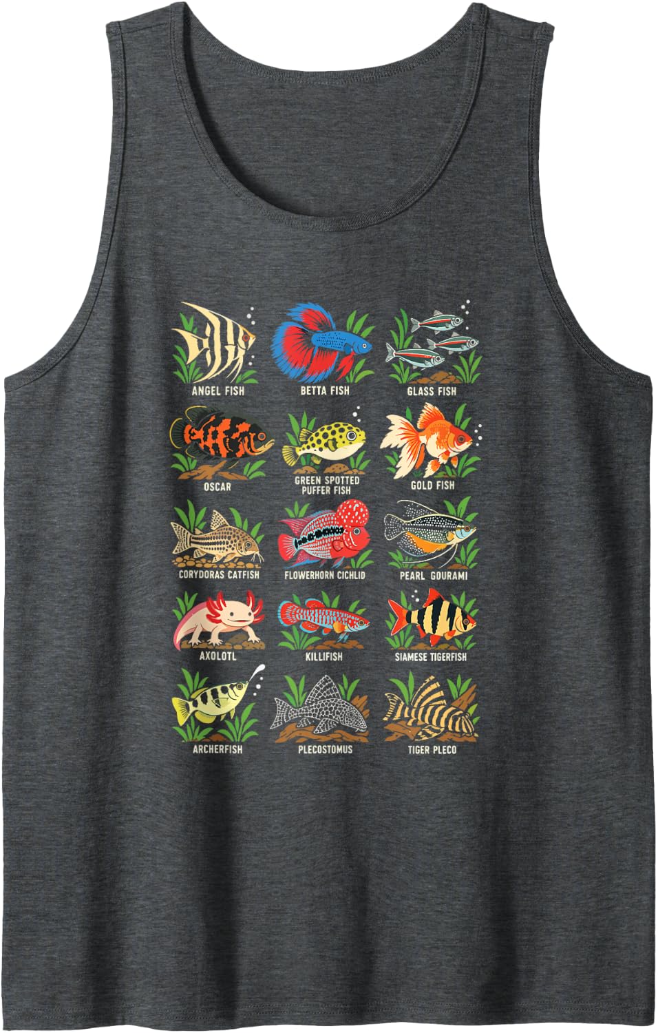 Aquarium Fish Species Art Betta Angelfish Axolotl Sleeveless Tank Top - Dark Heather Grey