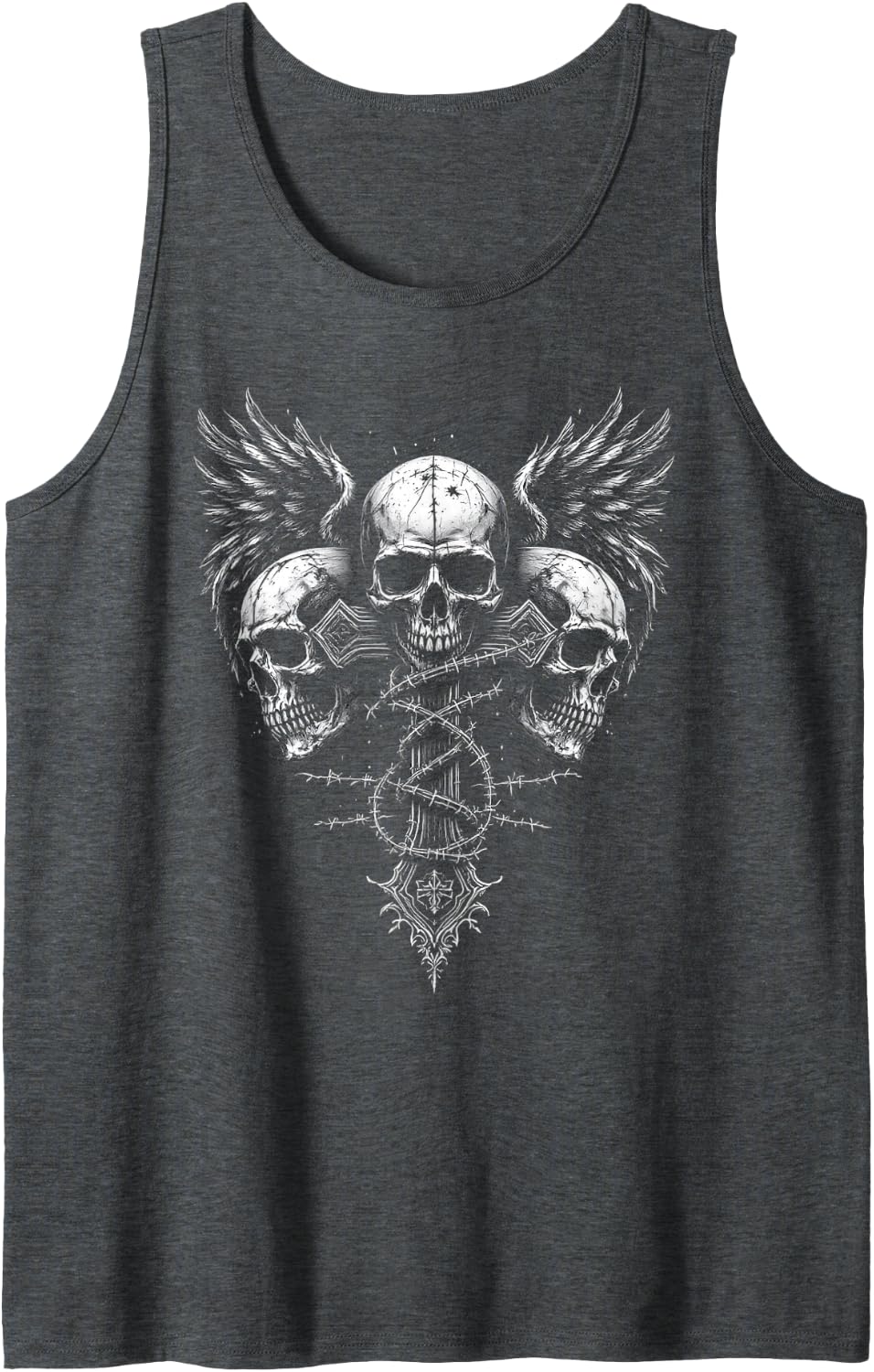 Bold Skulls with Wings & Barbed Wire Cross Tank Top - Dark Heather Grey