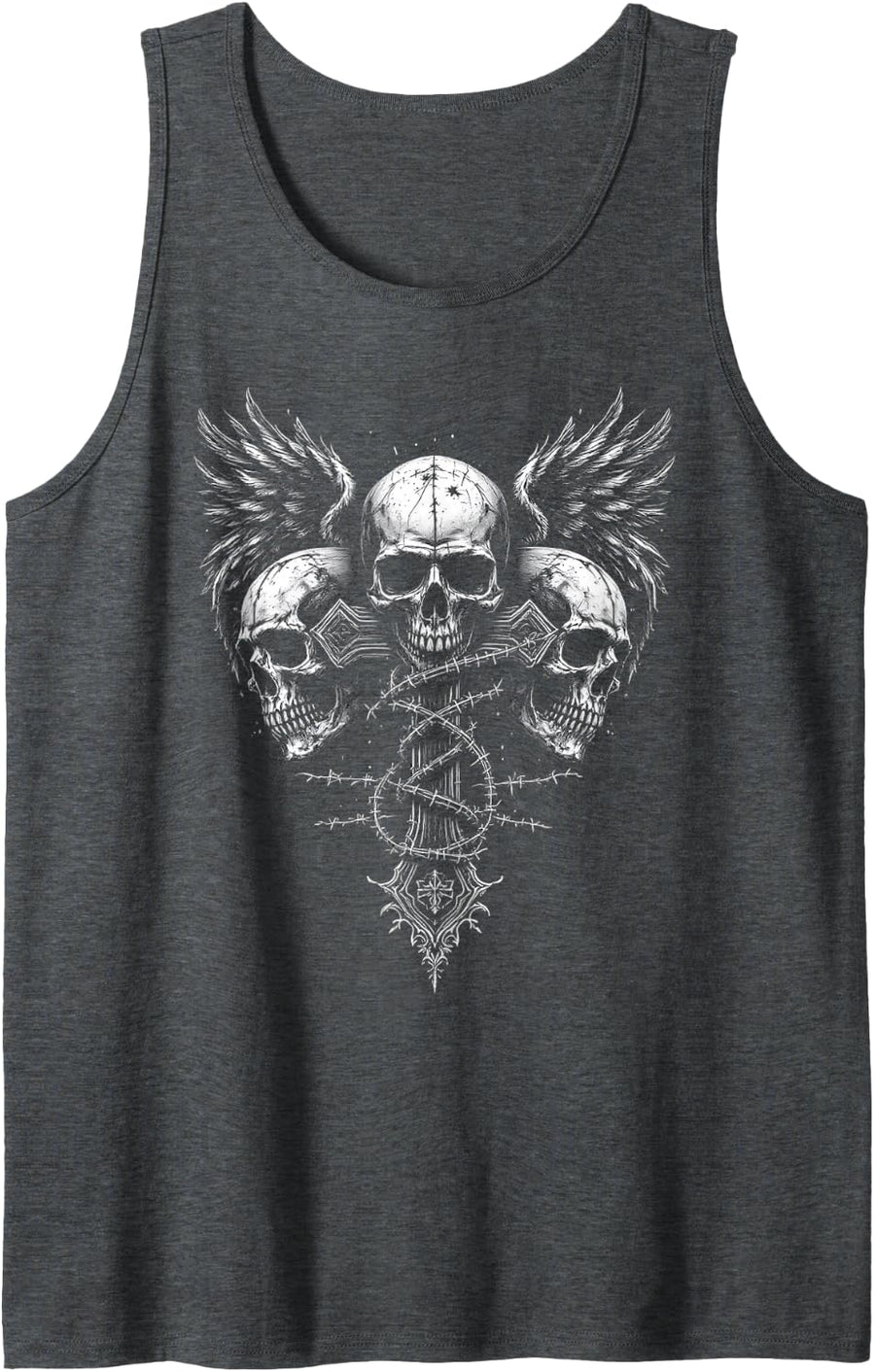 Bold Skulls with Wings & Barbed Wire Cross Tank Top - Dark Heather Grey