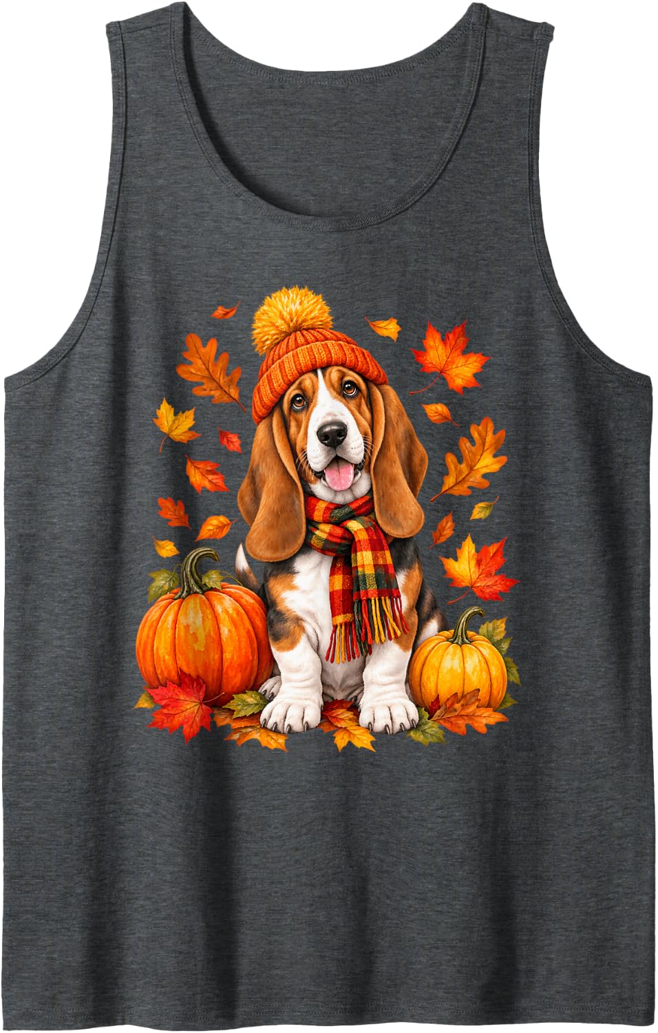 Autumn Basset Hound Thanksgiving Puppy Fall Lover Men Women Sleeveless Tank Top - Dark Heather Grey