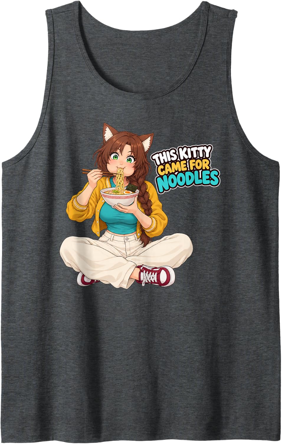 Funny Anime Kitty Woman Ramen Noodles Golden Art Sleeveless Tank Top - Dark Heather Grey