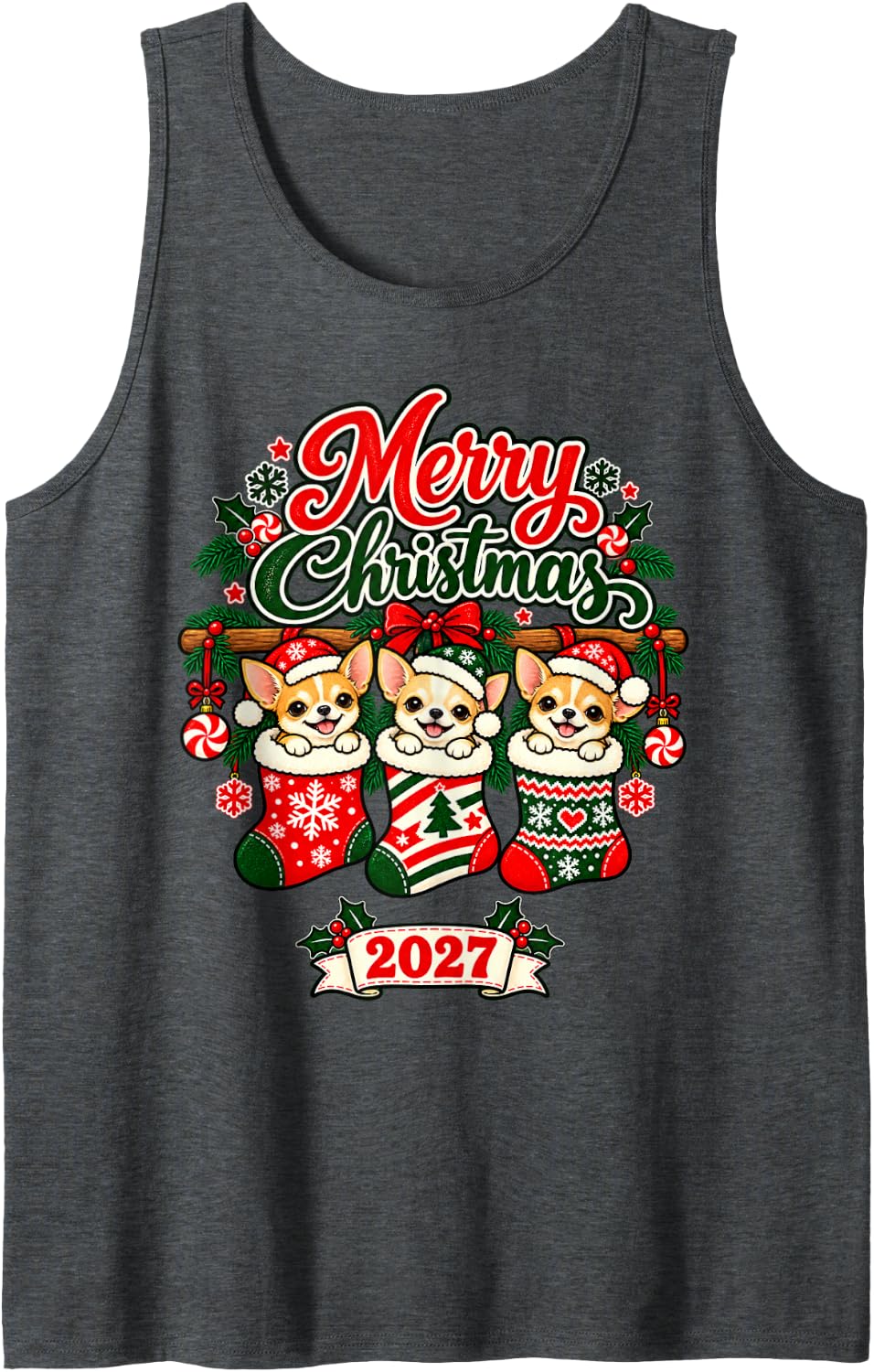Merry Christmas 2027 Happy Chihuahua in Stockings Men Women Sleeveless Tank Top - Dark Heather Grey