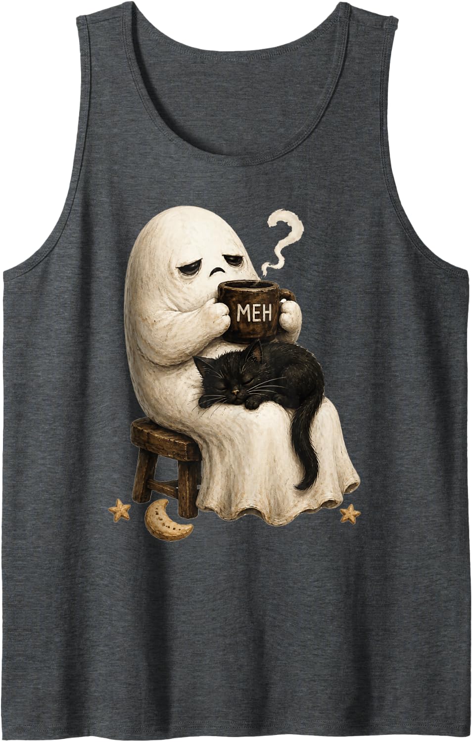 Grumpy Ghost Boston Terrier Holding Coffee Spooky Vintage Sleeveless Tank Top - Dark Heather Grey