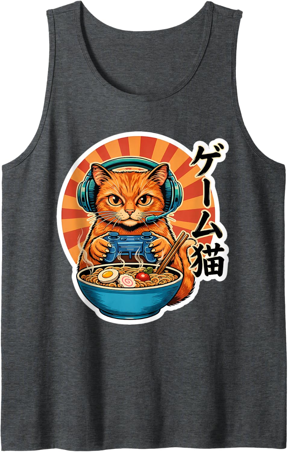 Ramen Cat Gaming Anime Japanese Funny Teen Boys Gamer Japan Sleeveless Tank Top - Dark Heather Grey