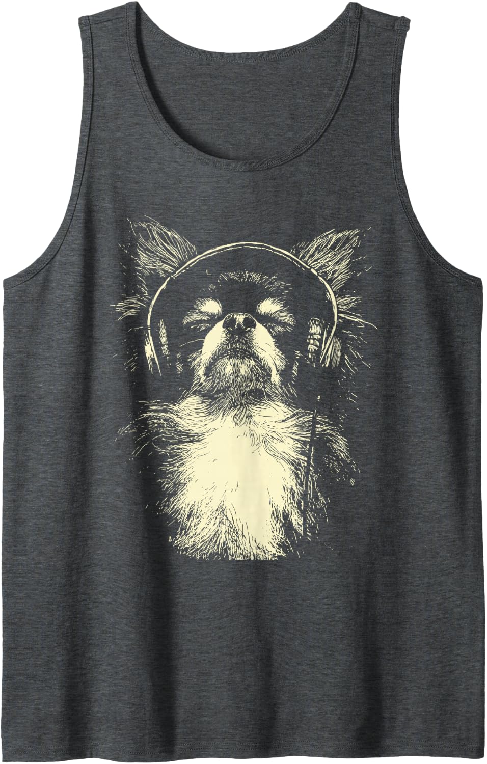 Cute Chihuahua with Headphones Dog DJ Festival Music Lover Sleeveless Tank Top - Dark Heather Grey