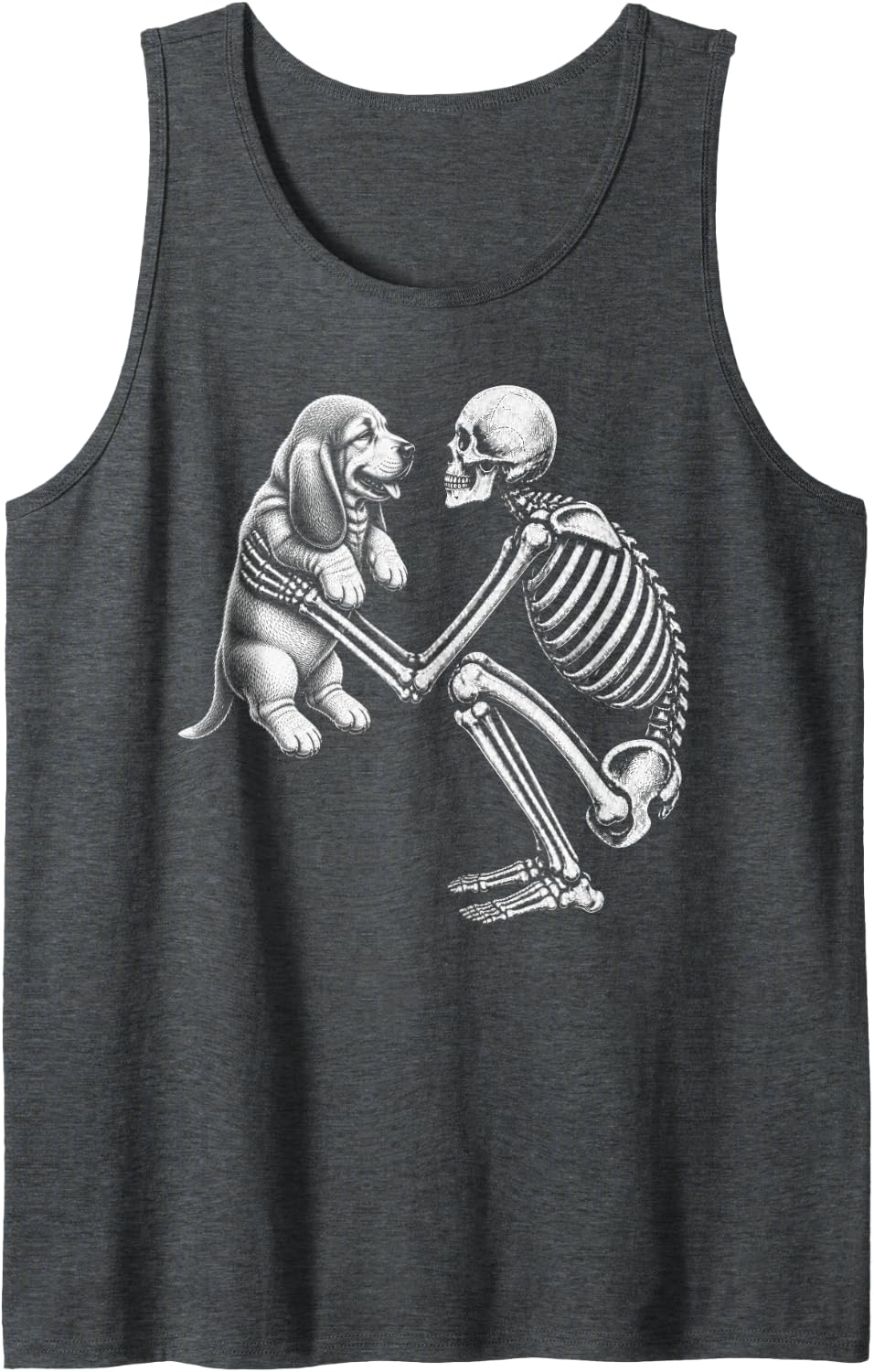 Skeleton Holding Basset Hound Retro Halloween Dog Sleeveless Tank Top - Dark Heather Grey