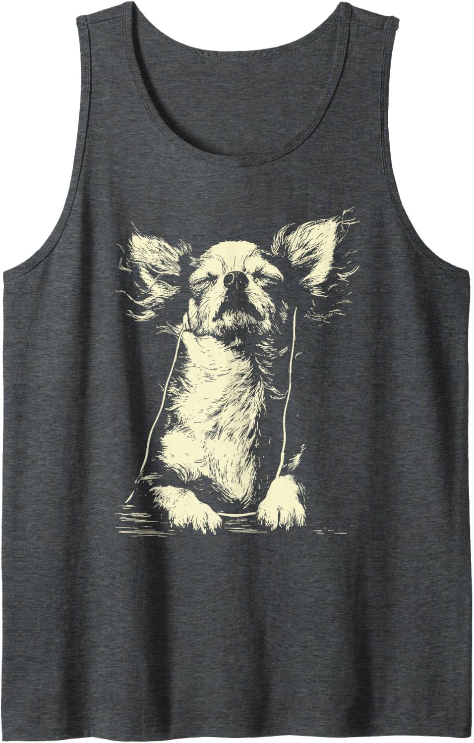 Long Haired Chihuahua Listening Music Cool Dog with Earbuds Sleeveless Tank Top - Dark Heather Grey