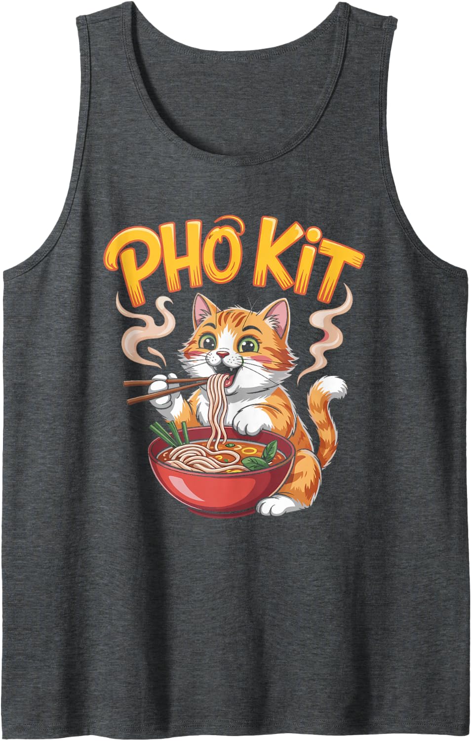 Cute Cat Eating Pho Graphic Sleeveless Tank Top - Dark Heather Grey
