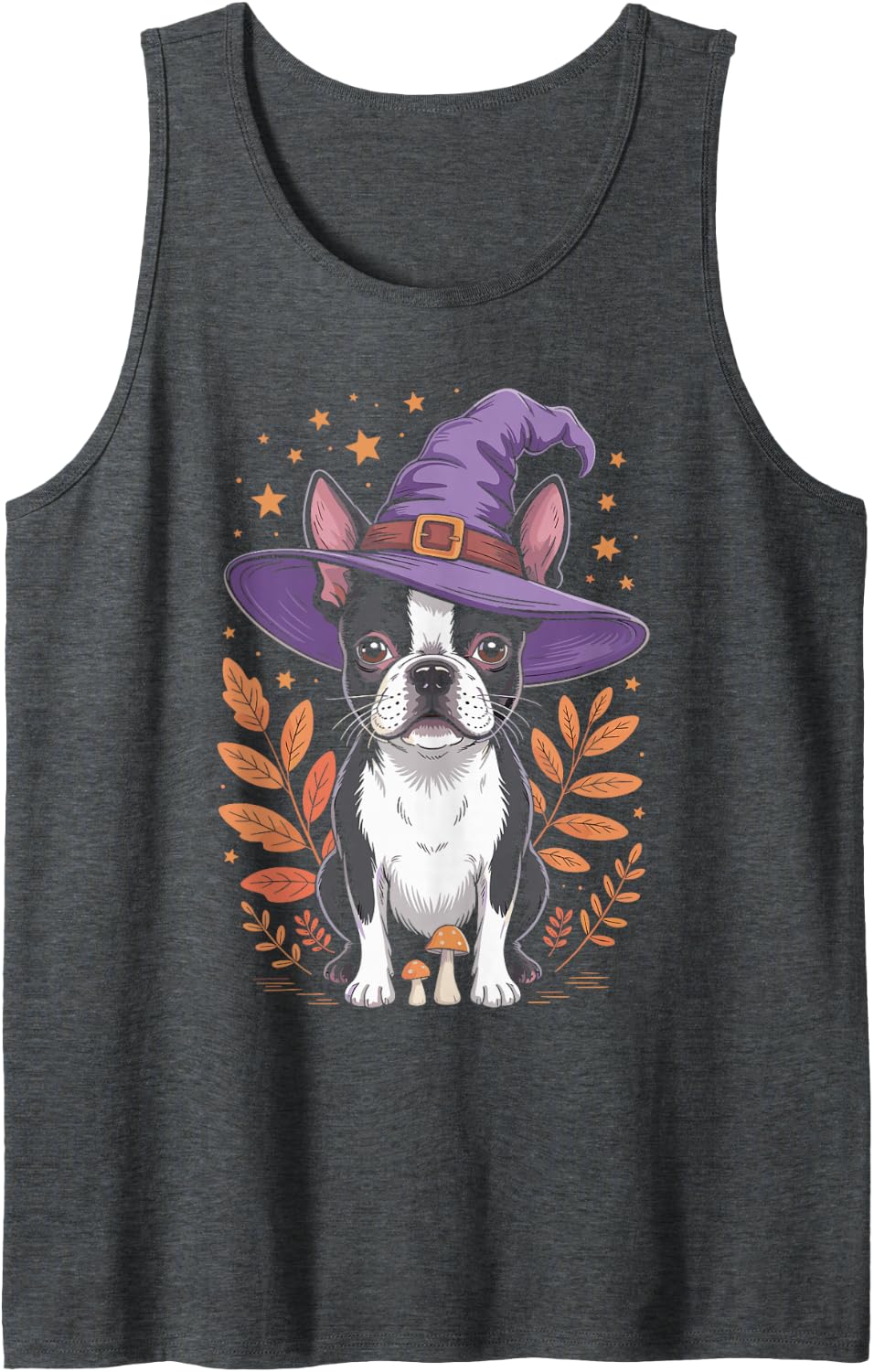 Witch Boston Terrier Halloween Sleeveless Tank Top - Dark Heather Grey