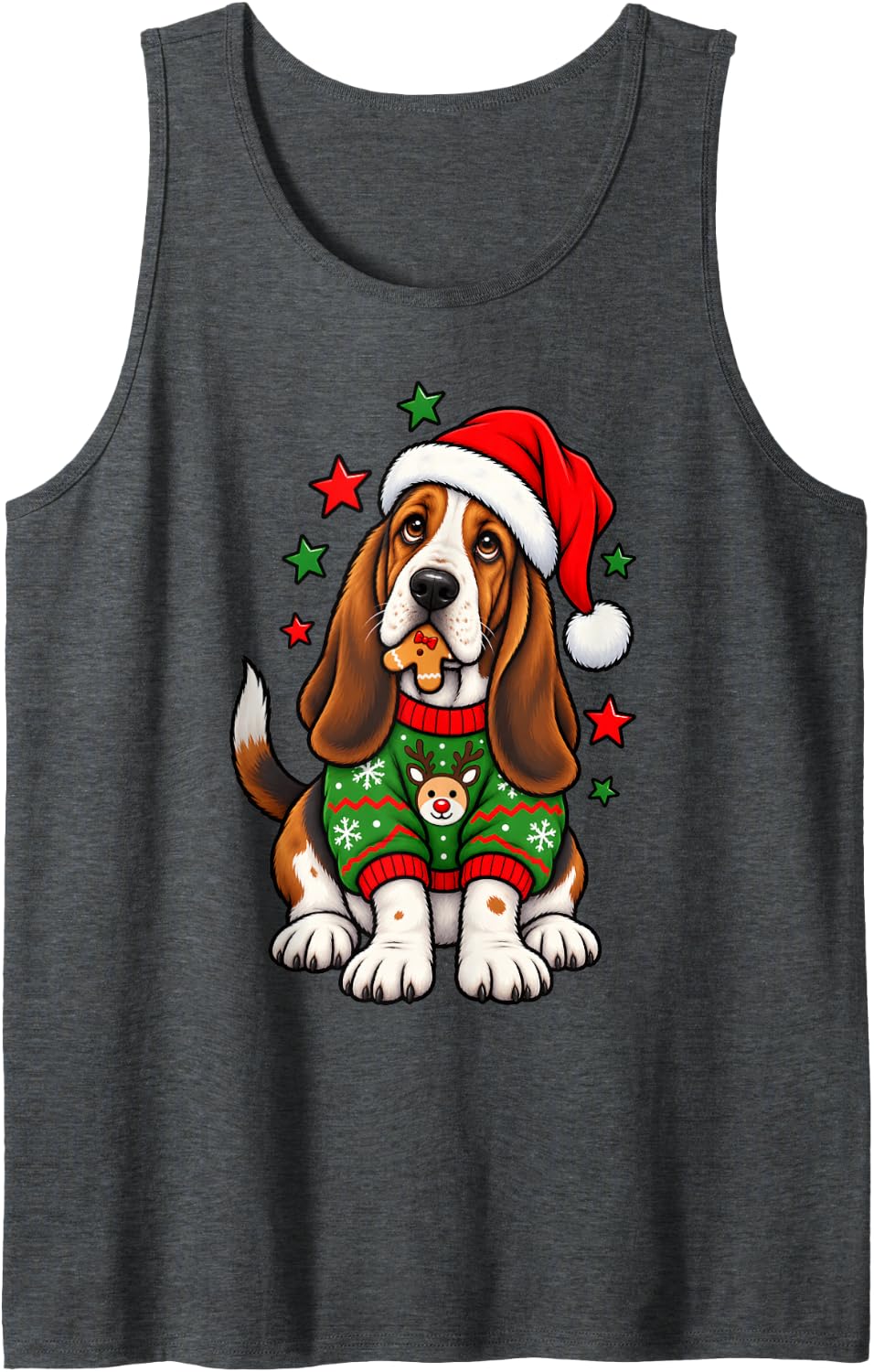 Santa Basset Hound Dog Holding Gingerbread Cookie Christmas Sleeveless Tank Top - Dark Heather Grey
