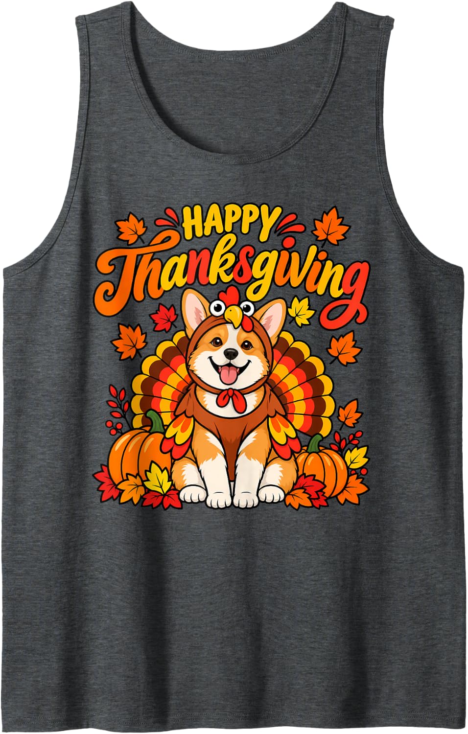 Happy Thanksgiving Corgi Dog Turkey Day Fall Women Men Kids Sleeveless Tank Top - Dark Heather Grey