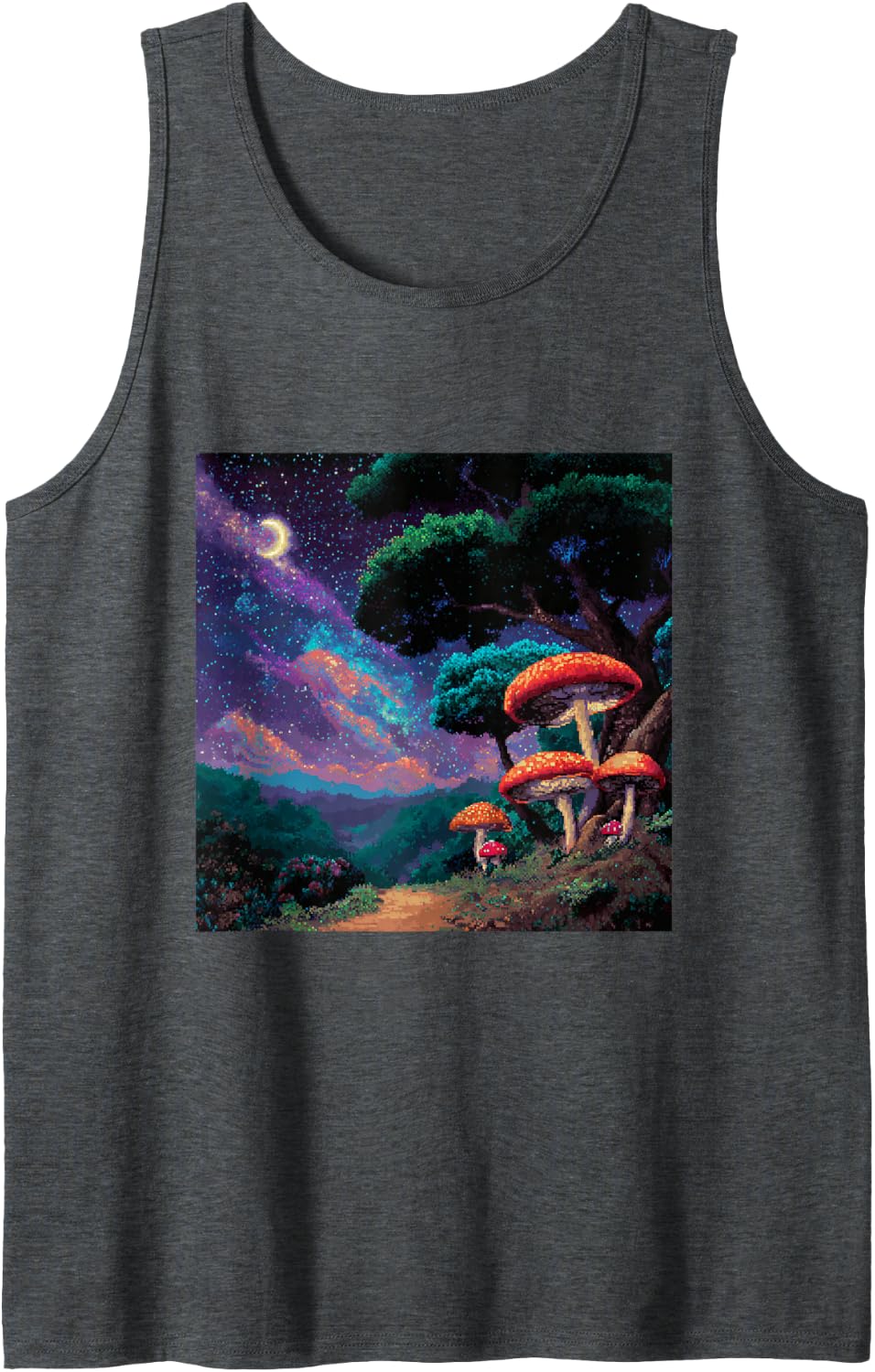 Pixel Art Mushroom Forest Night Sky Cosmos Landscape Tank Top - Dark Heather Grey