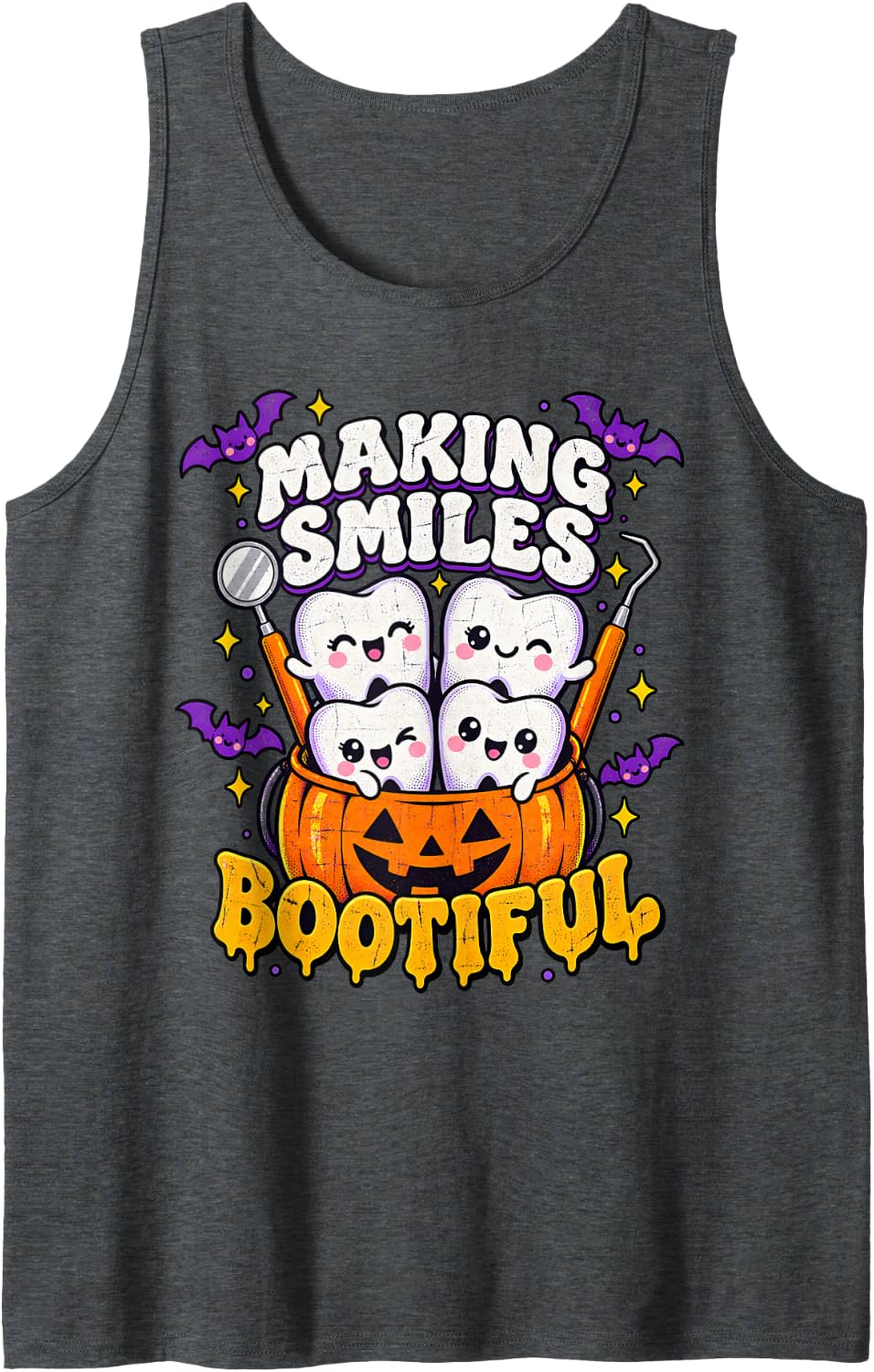 Dentist Smiles Bootiful Pumpkin Halloween Funny Dental Sleeveless Tank Top - Dark Heather Grey