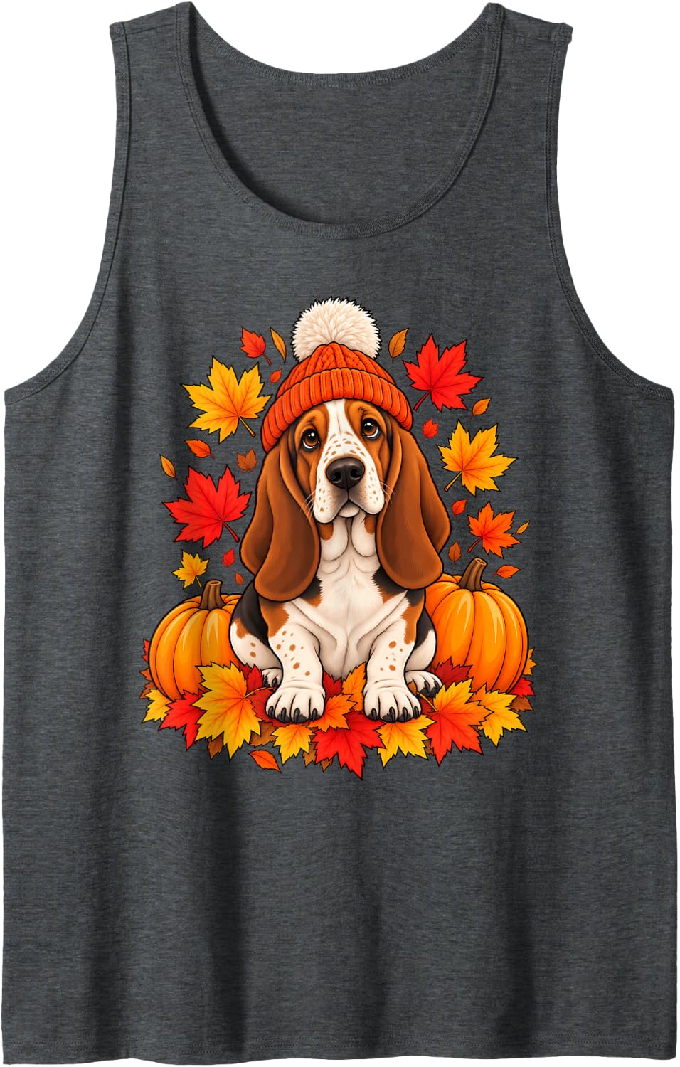 Cute Basset Hound Fall Scarf Autumn Leaves Dog Lovers Sleeveless Tank Top - Dark Heather Grey