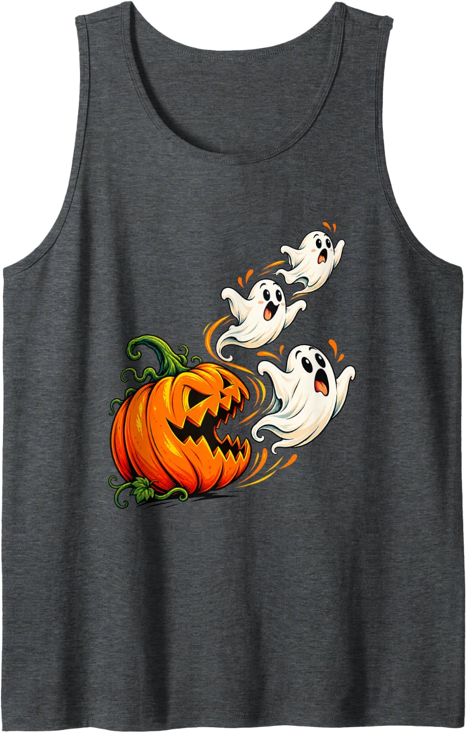 Funny Pumpkin Chasing Ghosts Halloween Jack O Lantern Sleeveless Tank Top - Dark Heather Grey