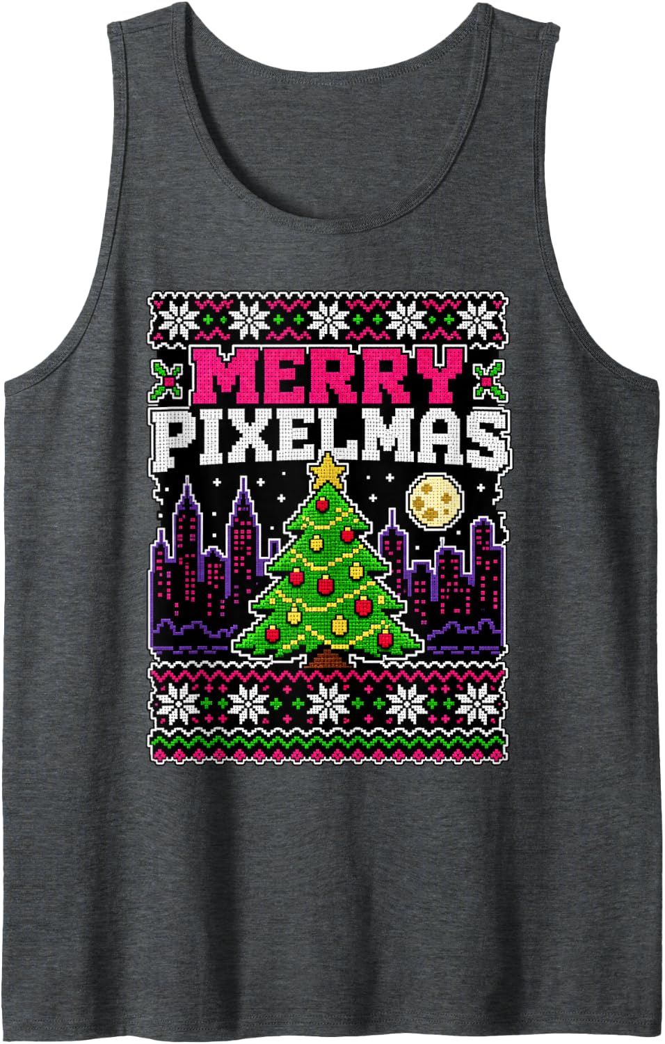 Merry Pixelmas Retro Pixel Tree Ugly Christmas Gamer Sleeveless Tank Top - Dark Heather Grey
