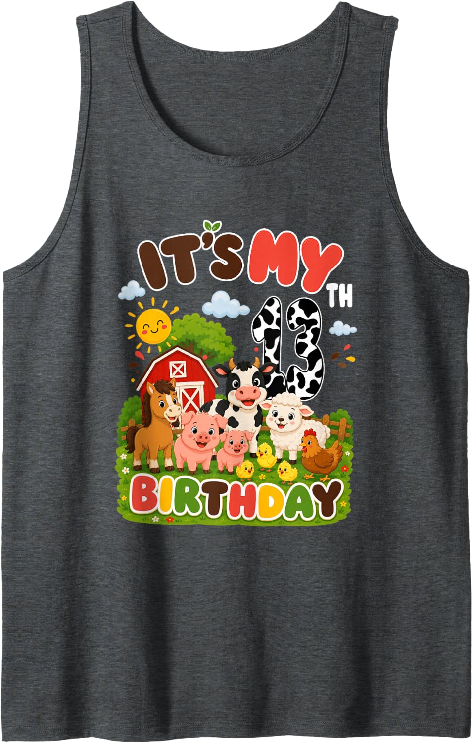 Birthday 13 Year Old Farm Animals Theme Lover 13th Party Sleeveless Tank Top - Dark Heather Grey