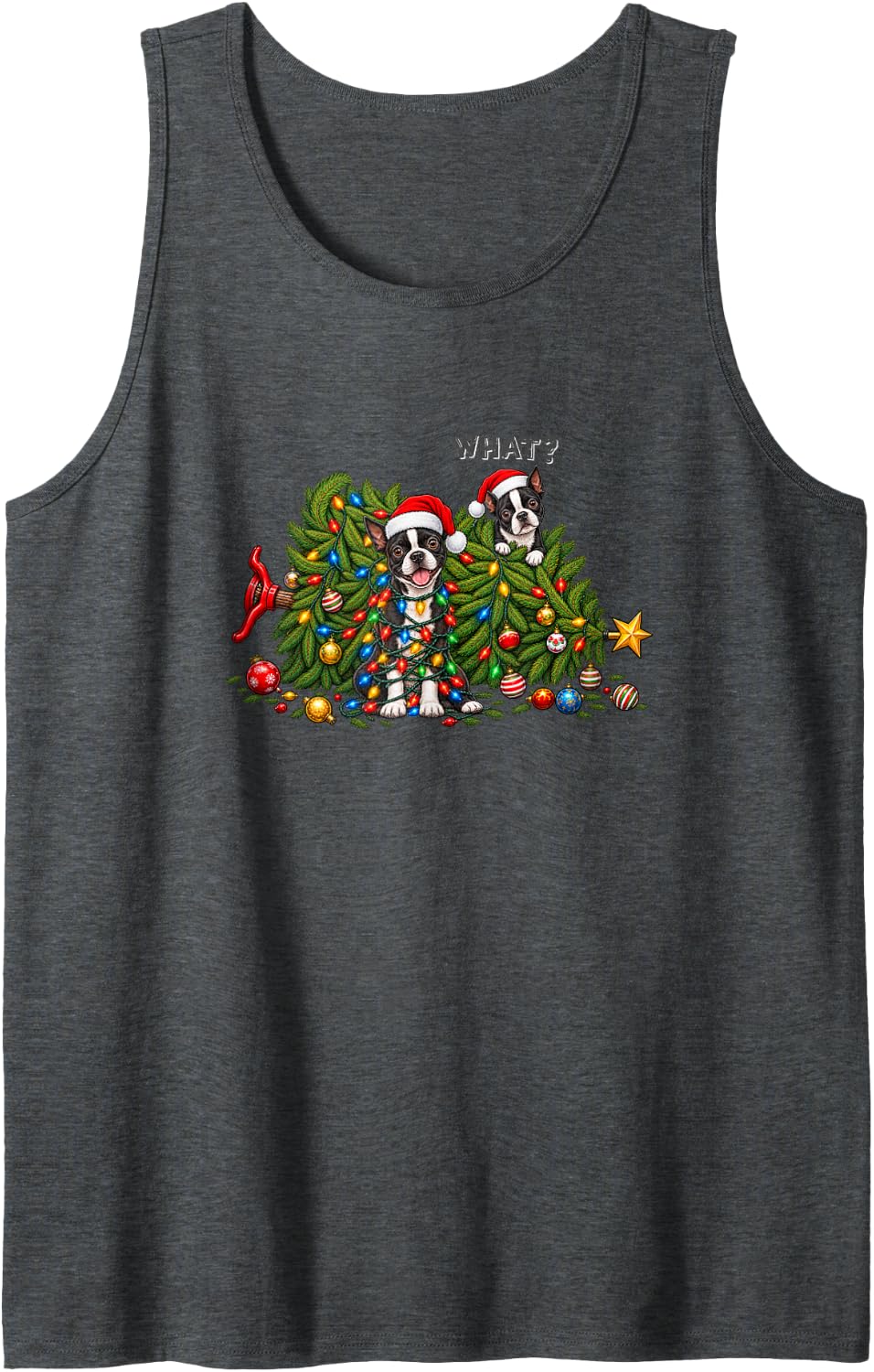 Boston Terrier Christmas Tree Santa Hats Funny Holiday Sleeveless Tank Top - Dark Heather Grey