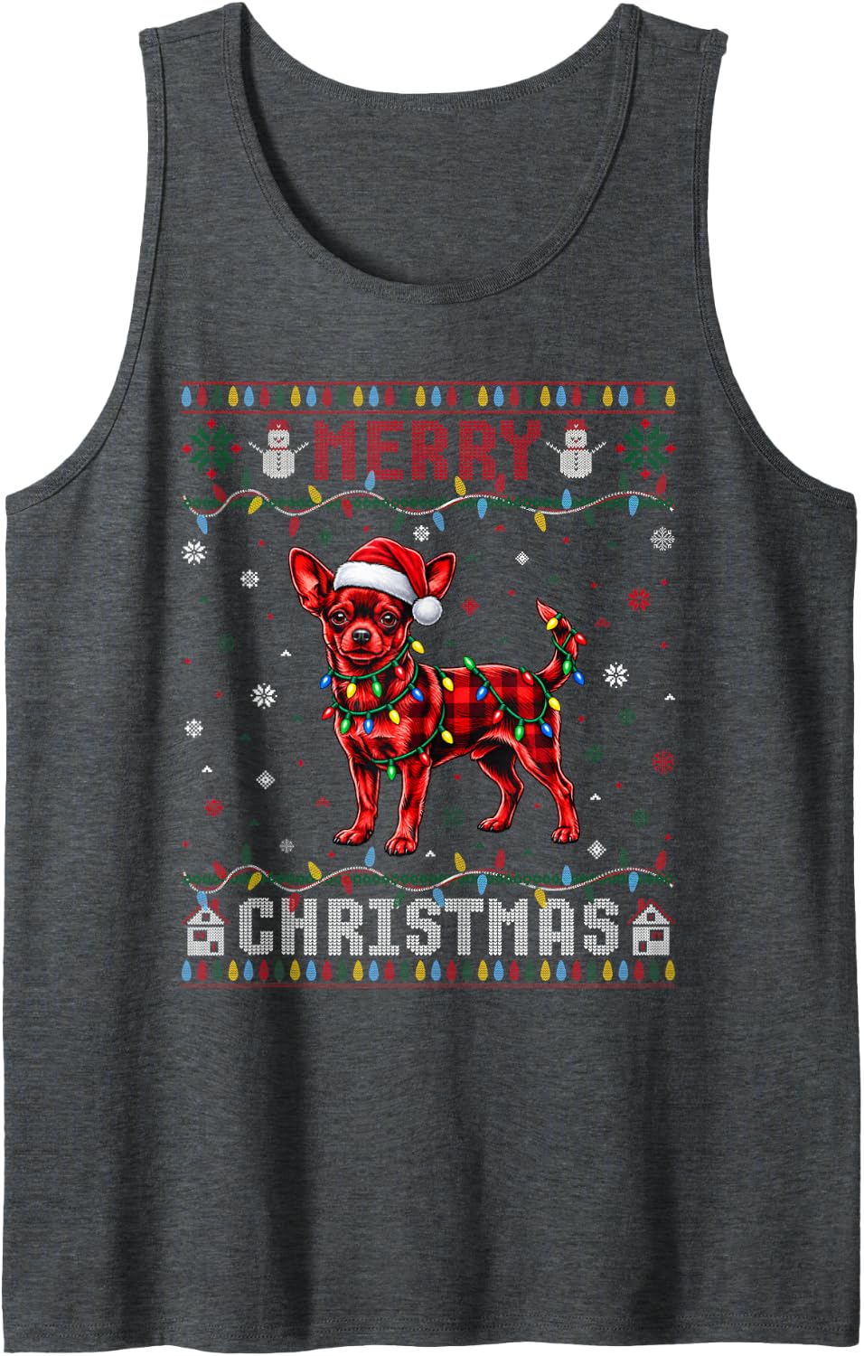 Christmas Red Plaid Chihuahua Santa Hat Dog Ugly Sweater Sleeveless Tank Top - Dark Heather Grey