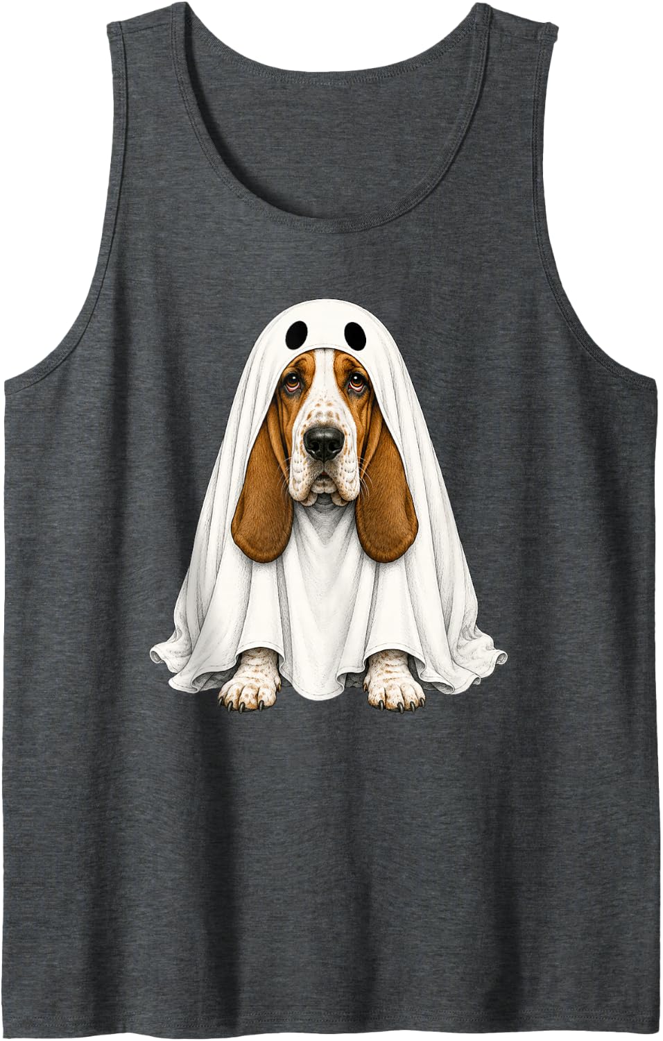 Basset Hound Dog Ghost Halloween Sleeveless Tank Top - Dark Heather Grey