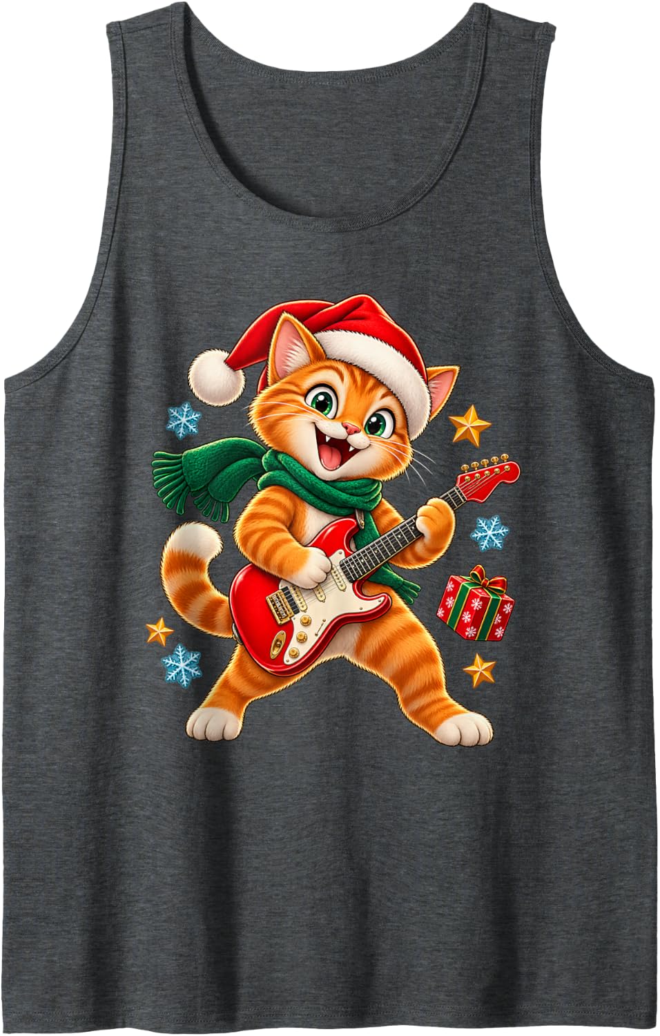 Christmas Cat Guitar Design for Kids Boys Girls Music Lovers Sleeveless Tank Top - Dark Heather Grey