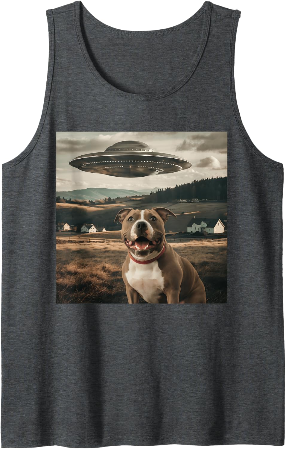 Funny Pitbull Terrier Selfie UFO Alien Spaceship Dog Lover Tank Top - Dark Heather Grey