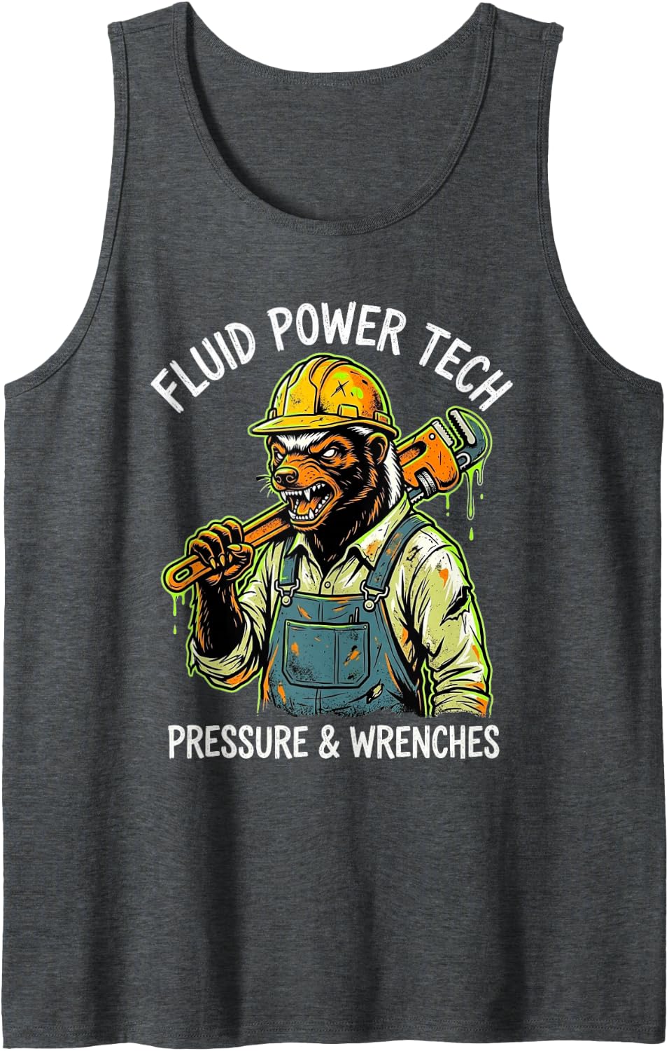Fluid Power Tech Graphic Hydraulic Mechanic Mascot Badger Sleeveless Tank Top - Dark Heather Grey