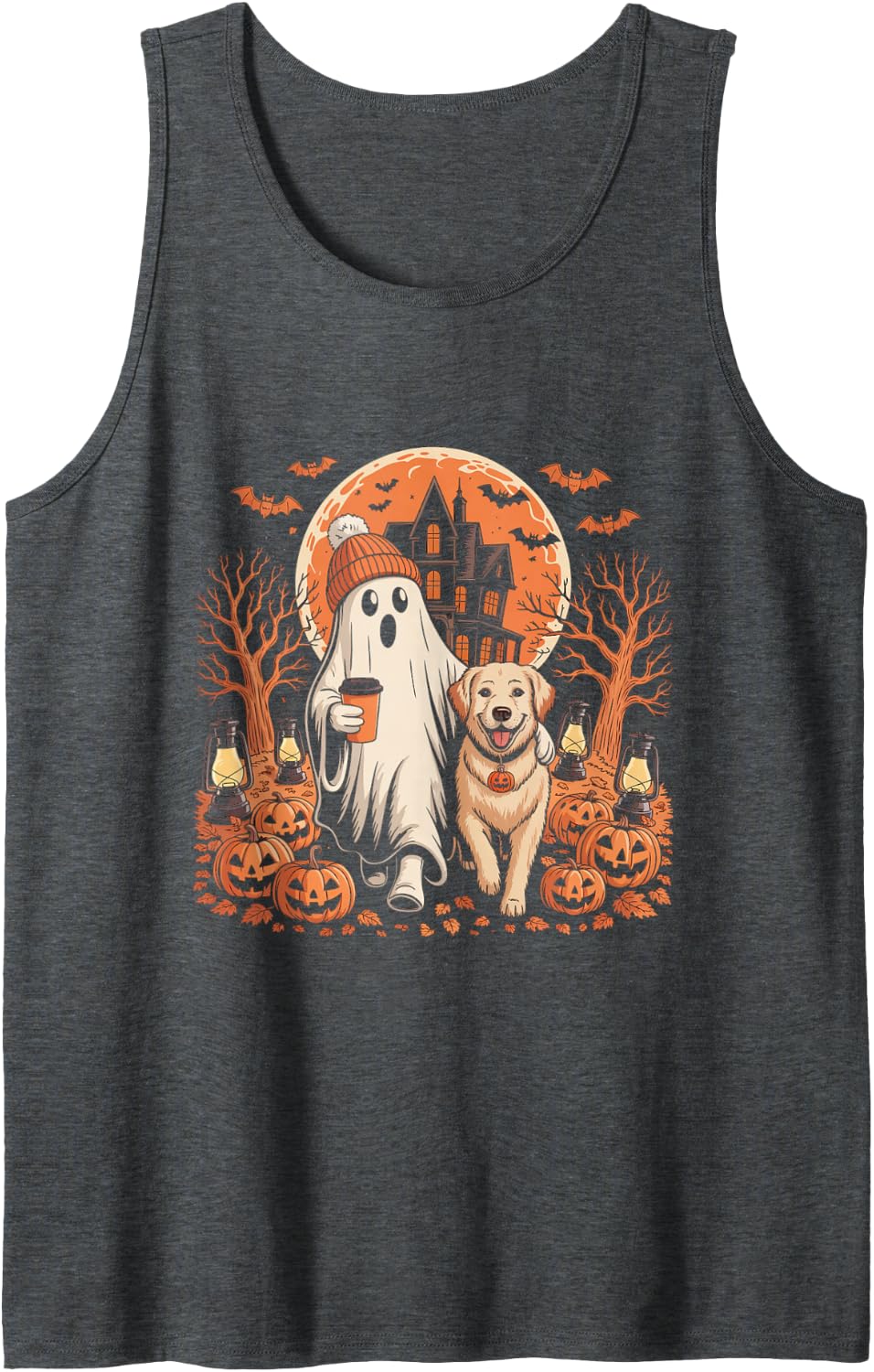 Spooky Season Ghost Dog Pumpkin Halloween Tank Top - Dark Heather Grey