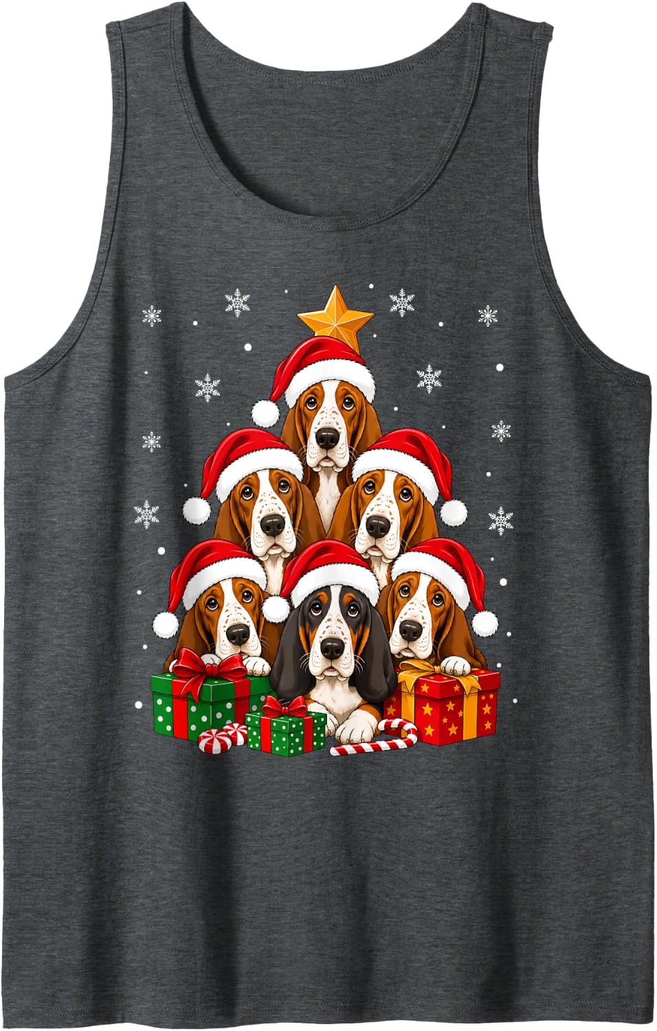 Basset Hound Dogs Christmas Tree Cute Festive Pet Xmas Sleeveless Tank Top - Dark Heather Grey