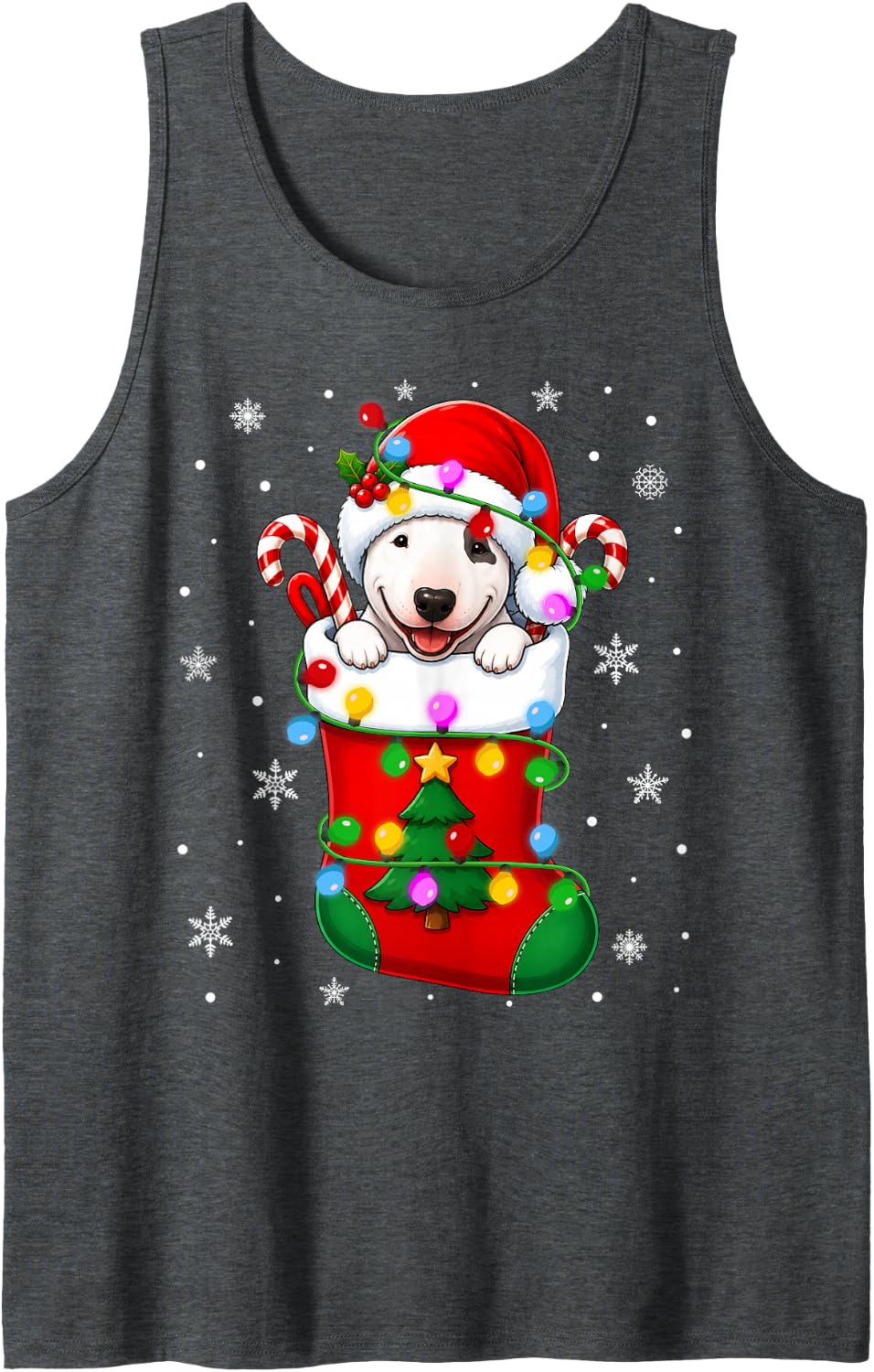 Bull Terrier Dog in Christmas Socks Cute Puppy Festive Xmas Sleeveless Tank Top - Dark Heather Grey