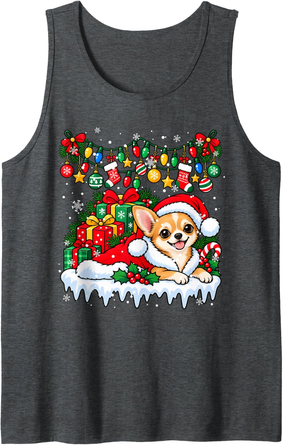 Chihuahua Dog Christmas Lights Santa Hat Matching Family Sleeveless Tank Top - Dark Heather Grey