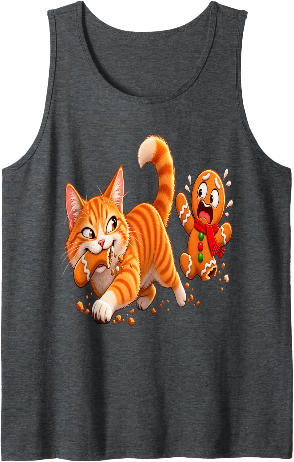Funny Ginger Cat Christmas Gingerbread Cookie Chase Sleeveless Tank Top - Dark Heather Grey