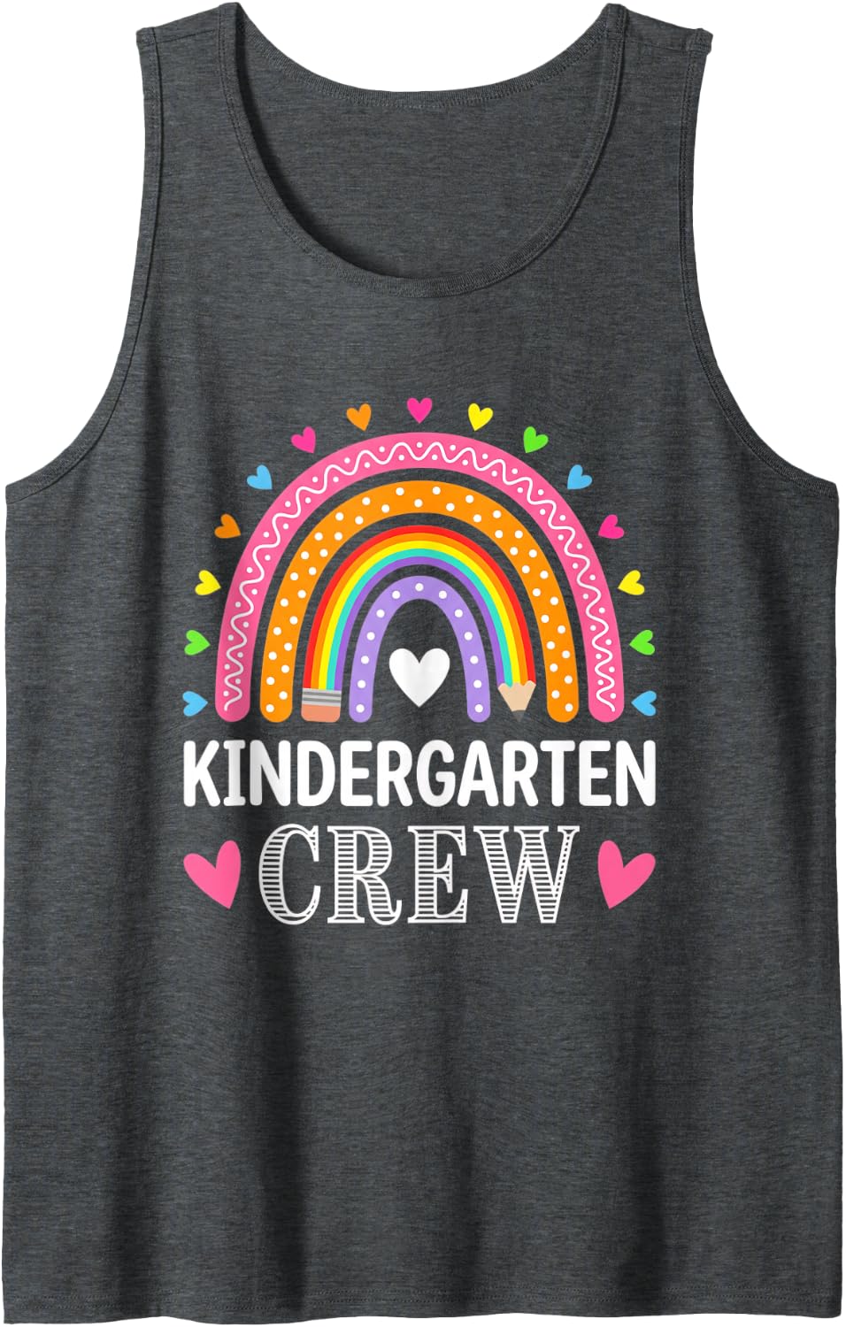 Kindergarten Crew Rainbow Teacher Student Back to School Sleeveless Tank Top - Dark Heather Grey